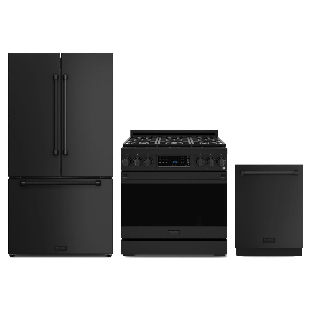 Gordon Ramsay by Thor Kitchen 3-Piece Appliance Package - 36-Inch Propane Gas Range, Tilt Panel, 36-Inch Refrigerator, and Dishwasher in Matte Black