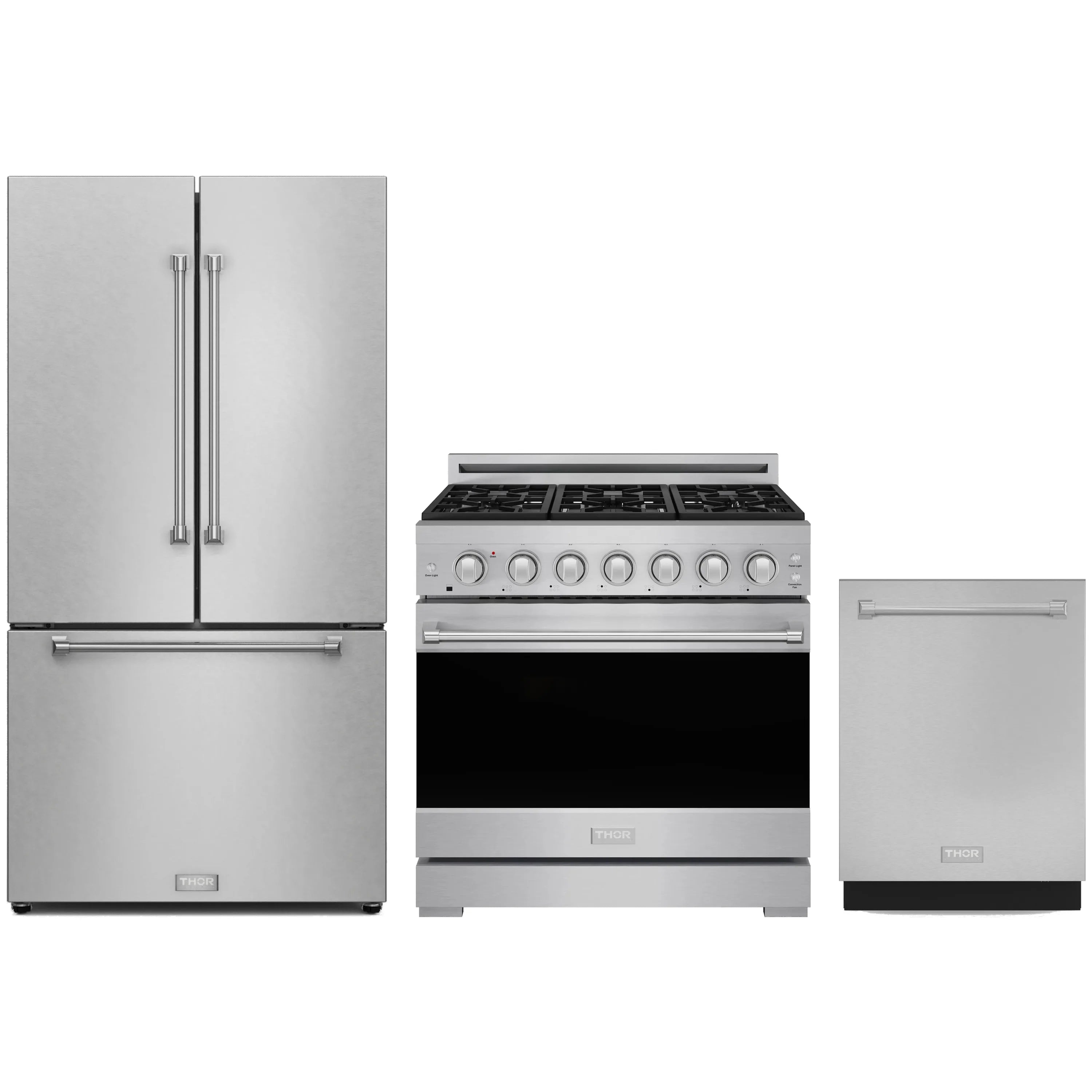 Stainless appliance package: gas range, counter-depth refrigerator, and dishwasher