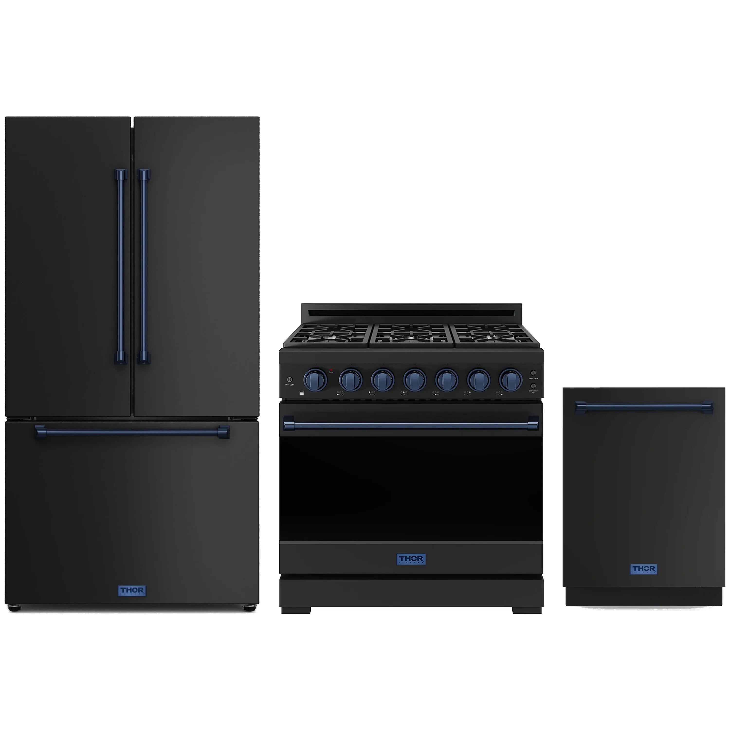 3-piece black appliance set with blue trim: range, counter-depth refrigerator, and dishwasher