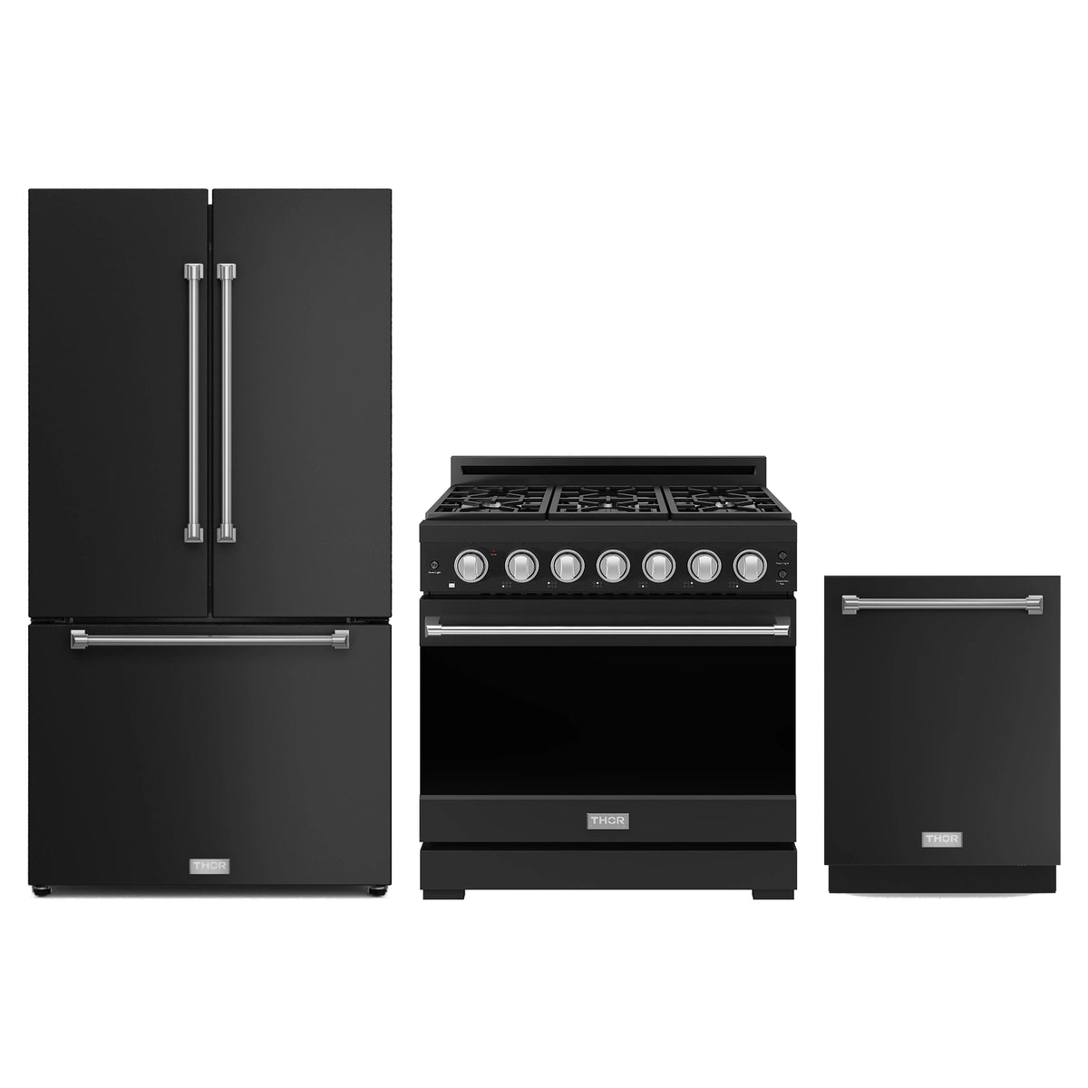 Gordon Ramsay by Thor Kitchen 3-Piece Appliance Package - 36-Inch Natural Gas Range, Counter-Depth Refrigerator, & Dishwasher in Matte Black with Stainless Steel Trim