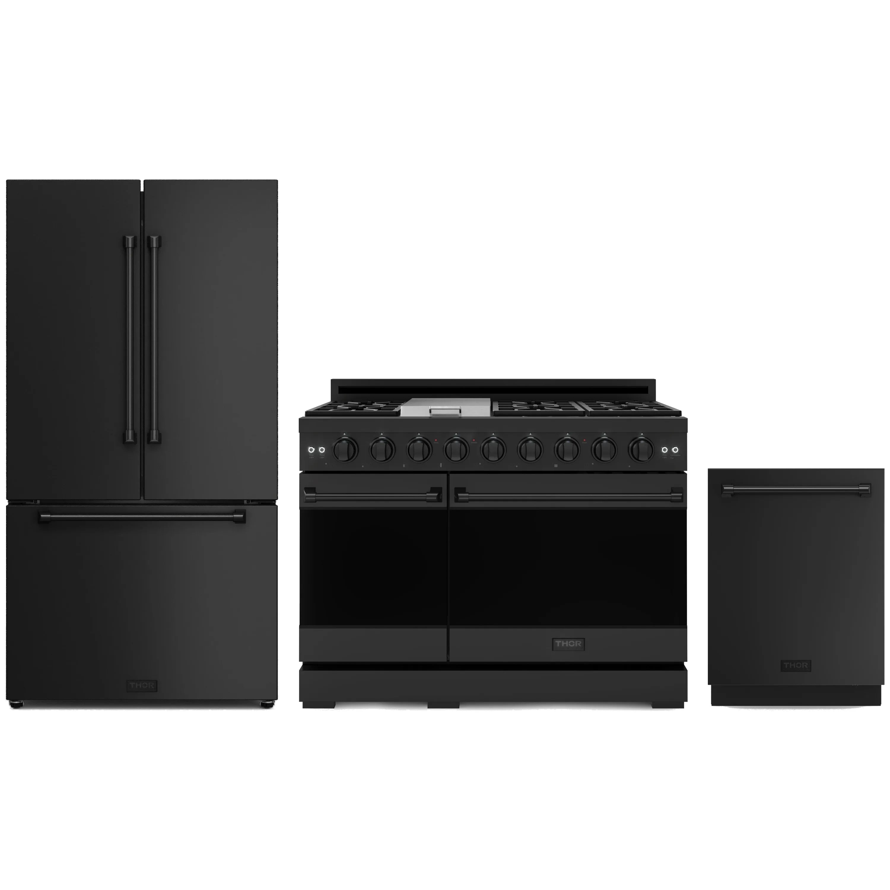 3-piece black kitchen appliance package: gas range with double oven, refrigerator, dishwasher