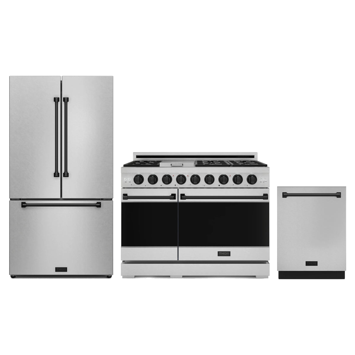 Gordon Ramsay by Thor Kitchen 3-Piece Appliance Package - 48-Inch Propane Gas Range, Double Oven, 36-Inch Refrigerator, and Dishwasher in Stainless Steel with Black Trim