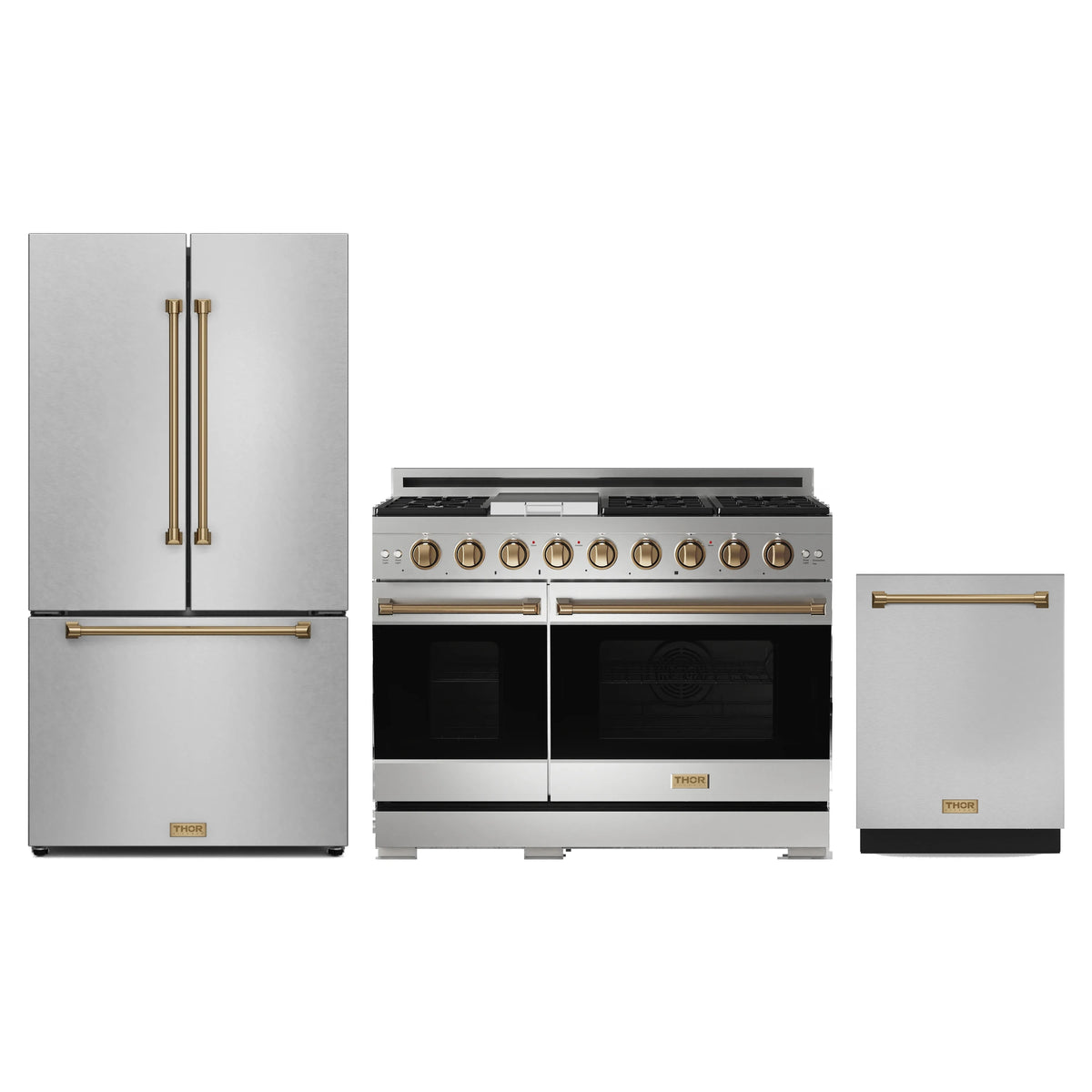 Gordon Ramsay by Thor Kitchen 3-Piece Appliance Package - 48-Inch Propane Gas Range, Double Oven, 36-Inch Refrigerator, and Dishwasher in Stainless Steel with Bronze Trim