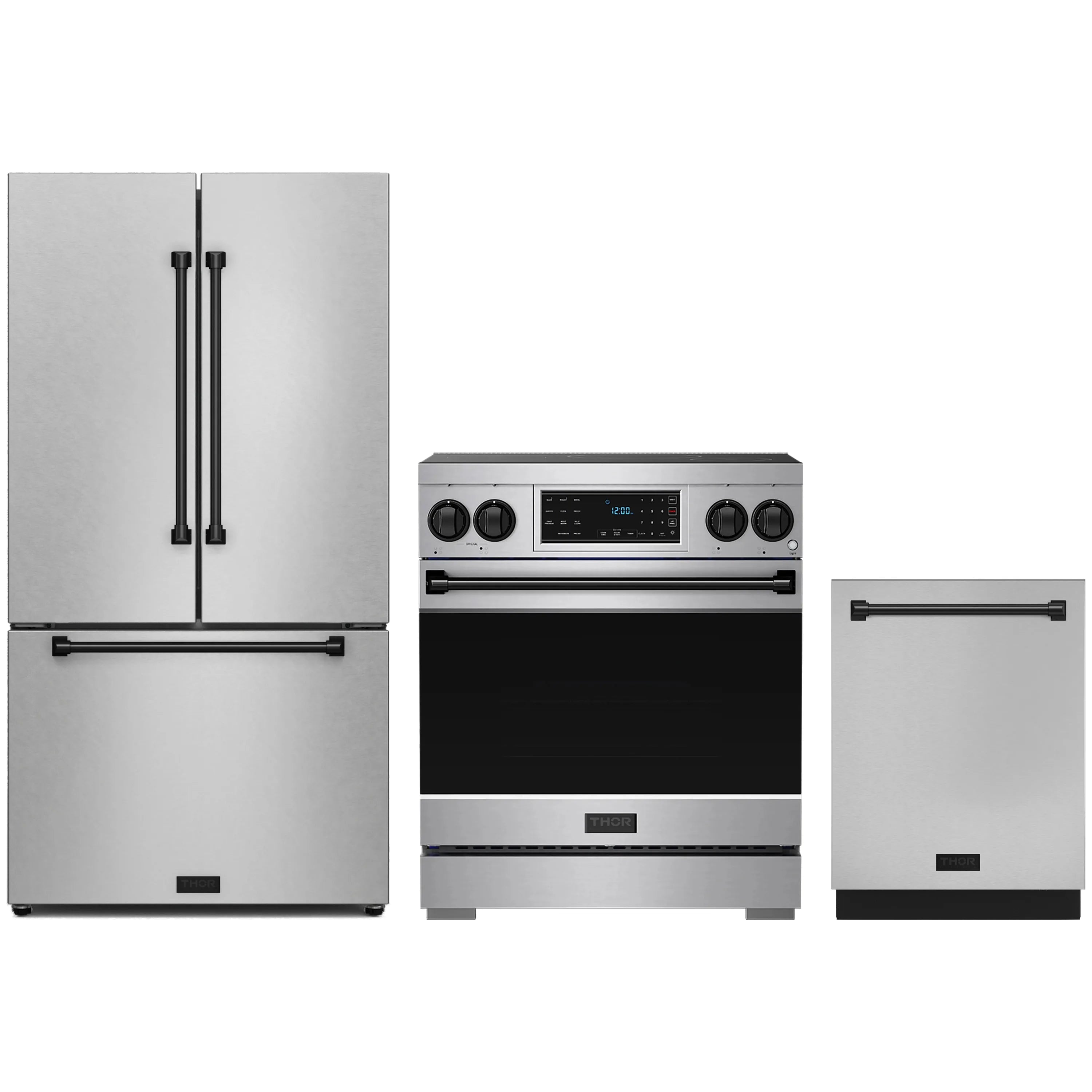 Stainless steel appliance package with counter-depth refrigerator, induction range, and dishwasher