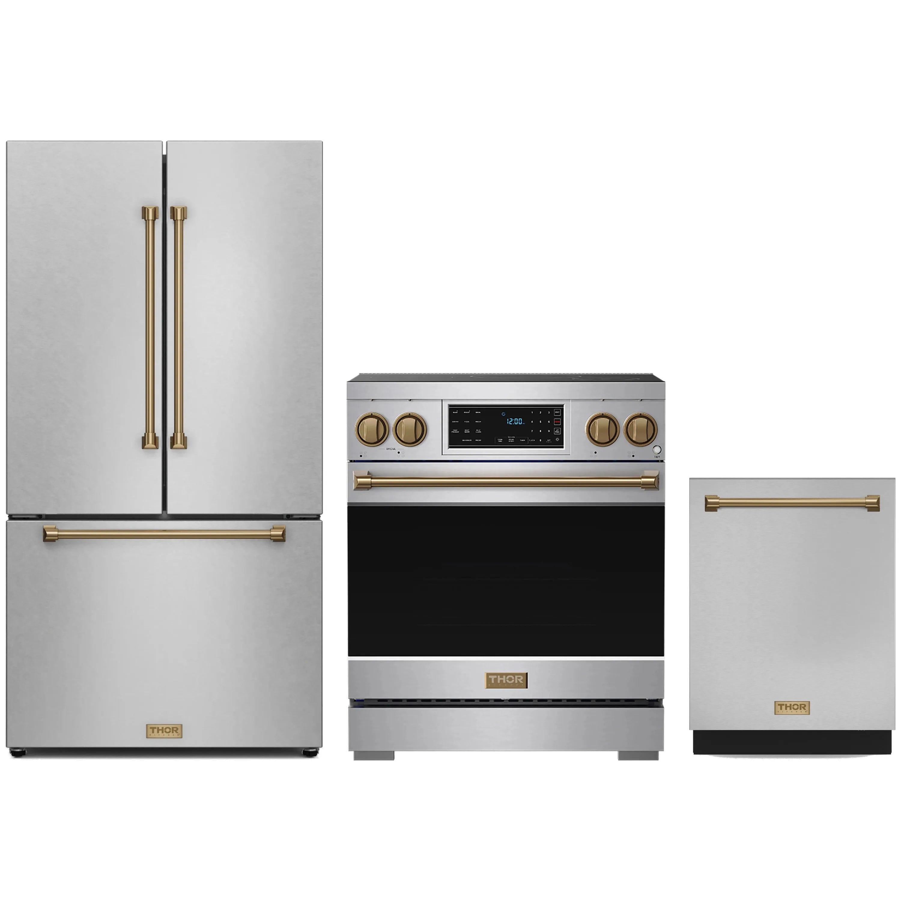 Stainless steel appliance package with induction range, counter-depth refrigerator, and dishwasher