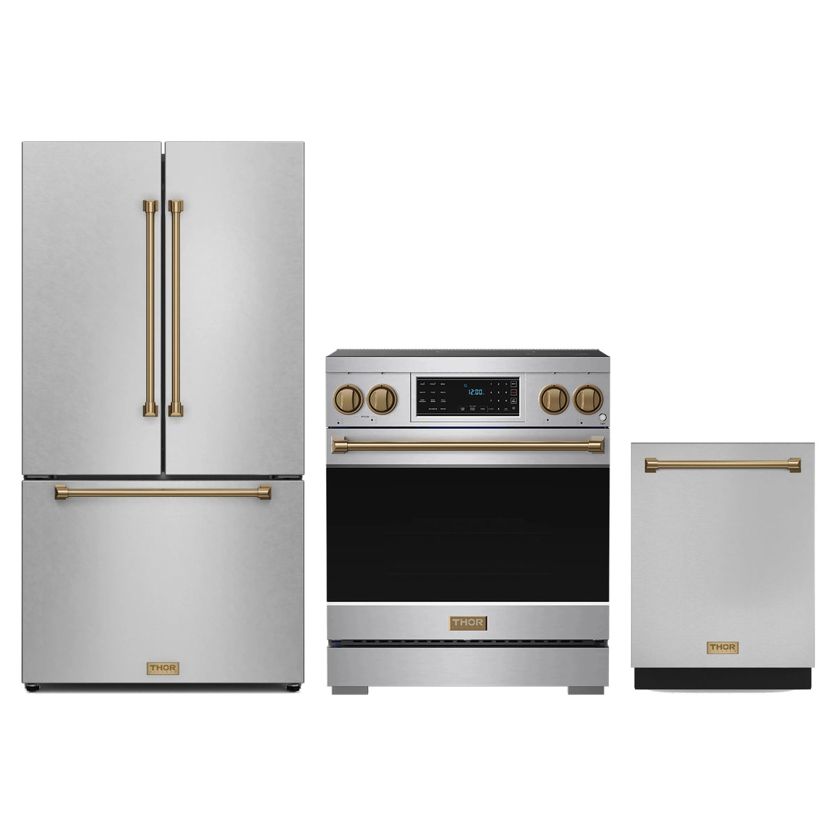 Gordon Ramsay by Thor Kitchen 3-Piece Appliance Package - 30-Inch Induction Range, Counter-Depth Refrigerator, & Dishwasher in Stainless Steel with Bronze Trim
