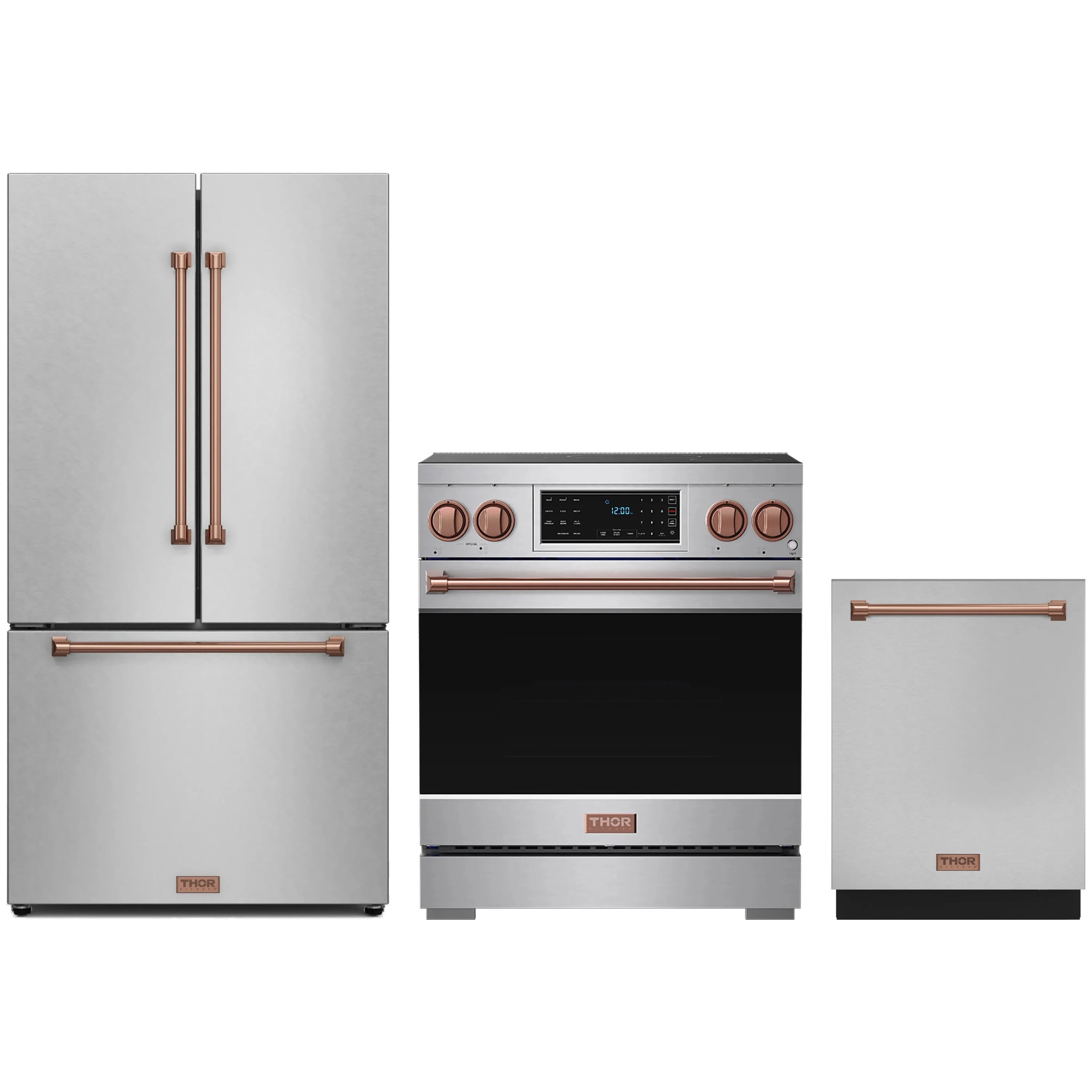 Stainless steel appliance package with rose-gold trim: induction range, refrigerator, dishwasher