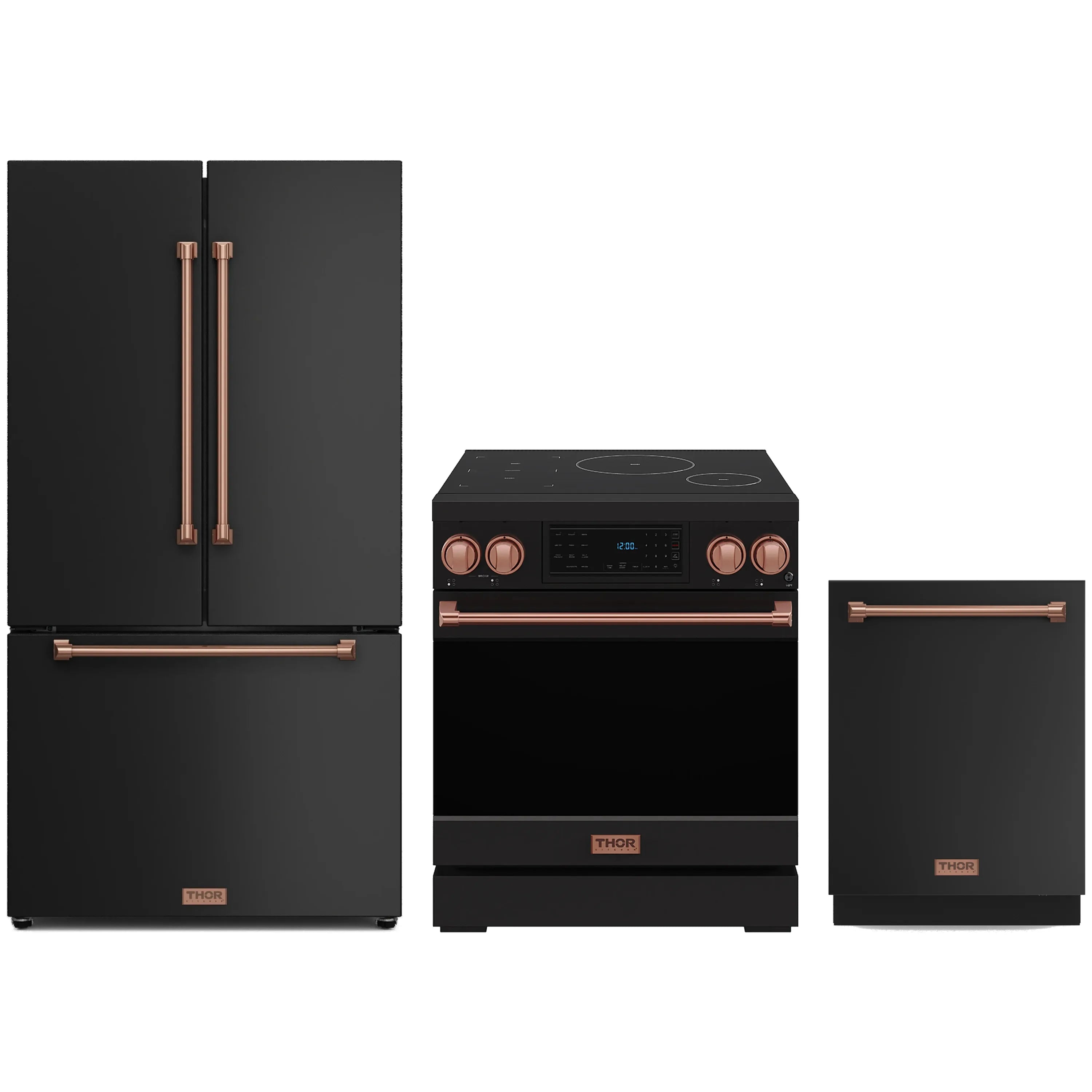 Black induction range, counter-depth refrigerator, and dishwasher with rose gold trim