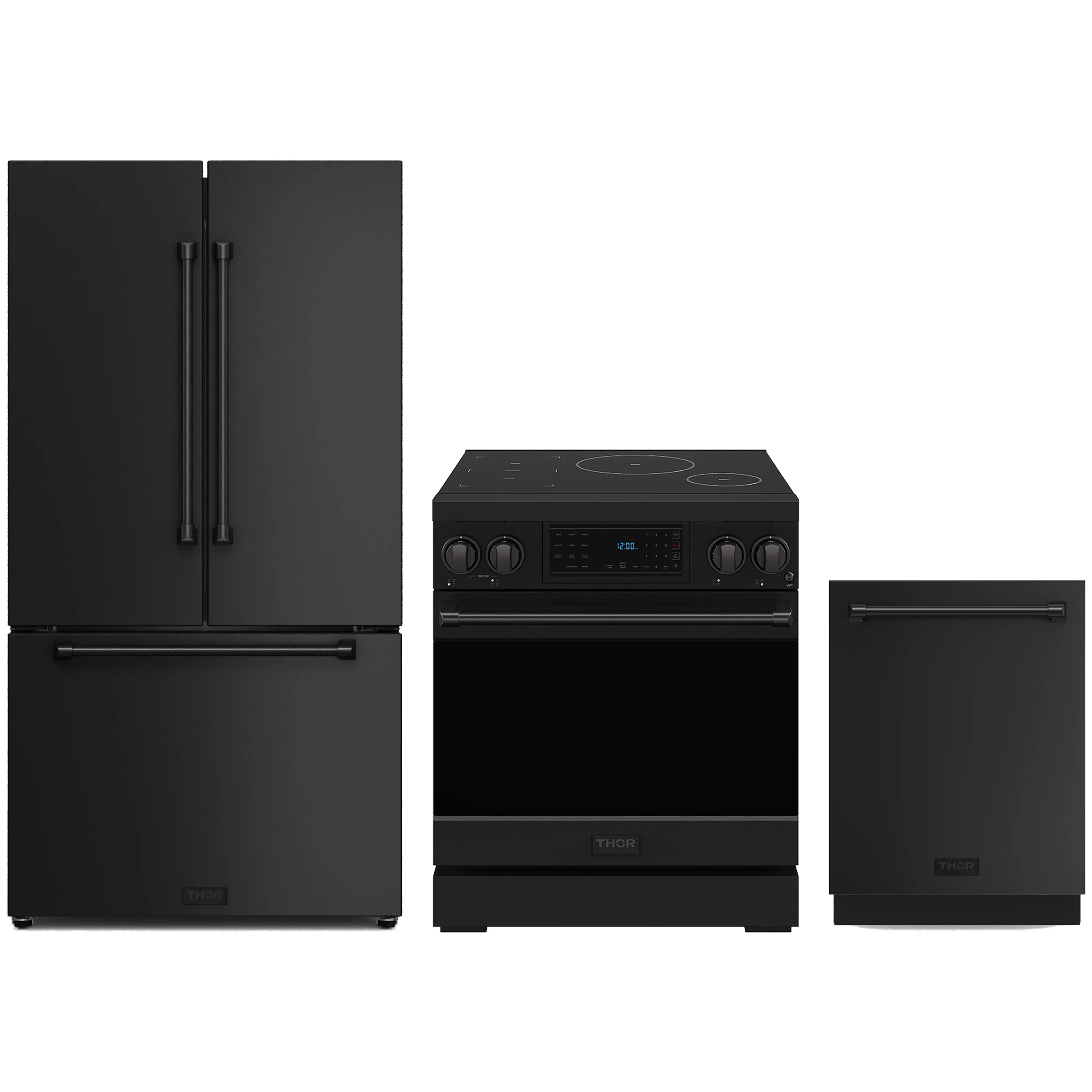 Black Thor Kitchen appliance package with induction range, counter-depth refrigerator, and dishwasher