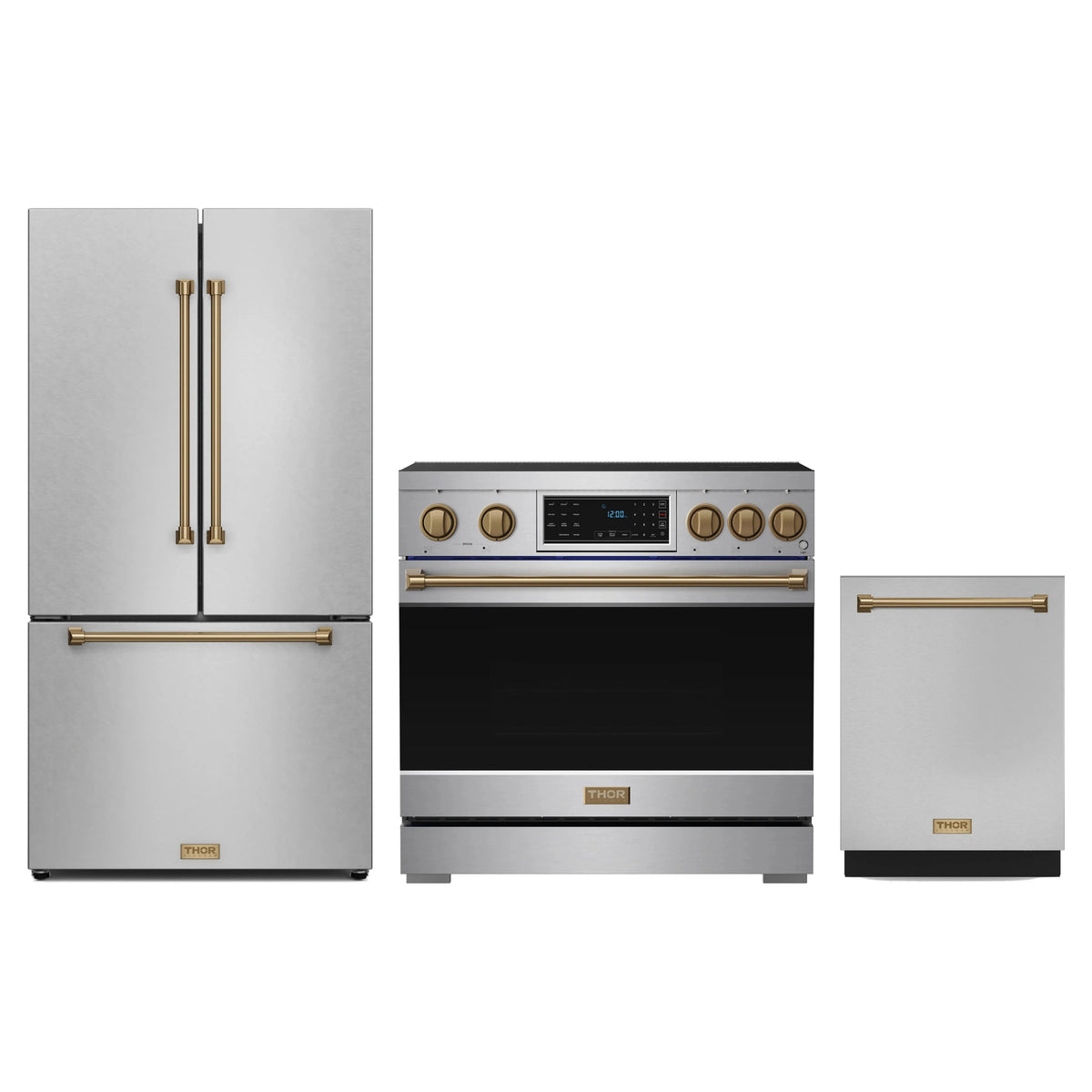 Gordon Ramsay by Thor Kitchen 3-Piece Appliance Package - 36-Inch Induction Range, Counter-Depth Refrigerator, & Dishwasher in Stainless Steel with Bronze Trim