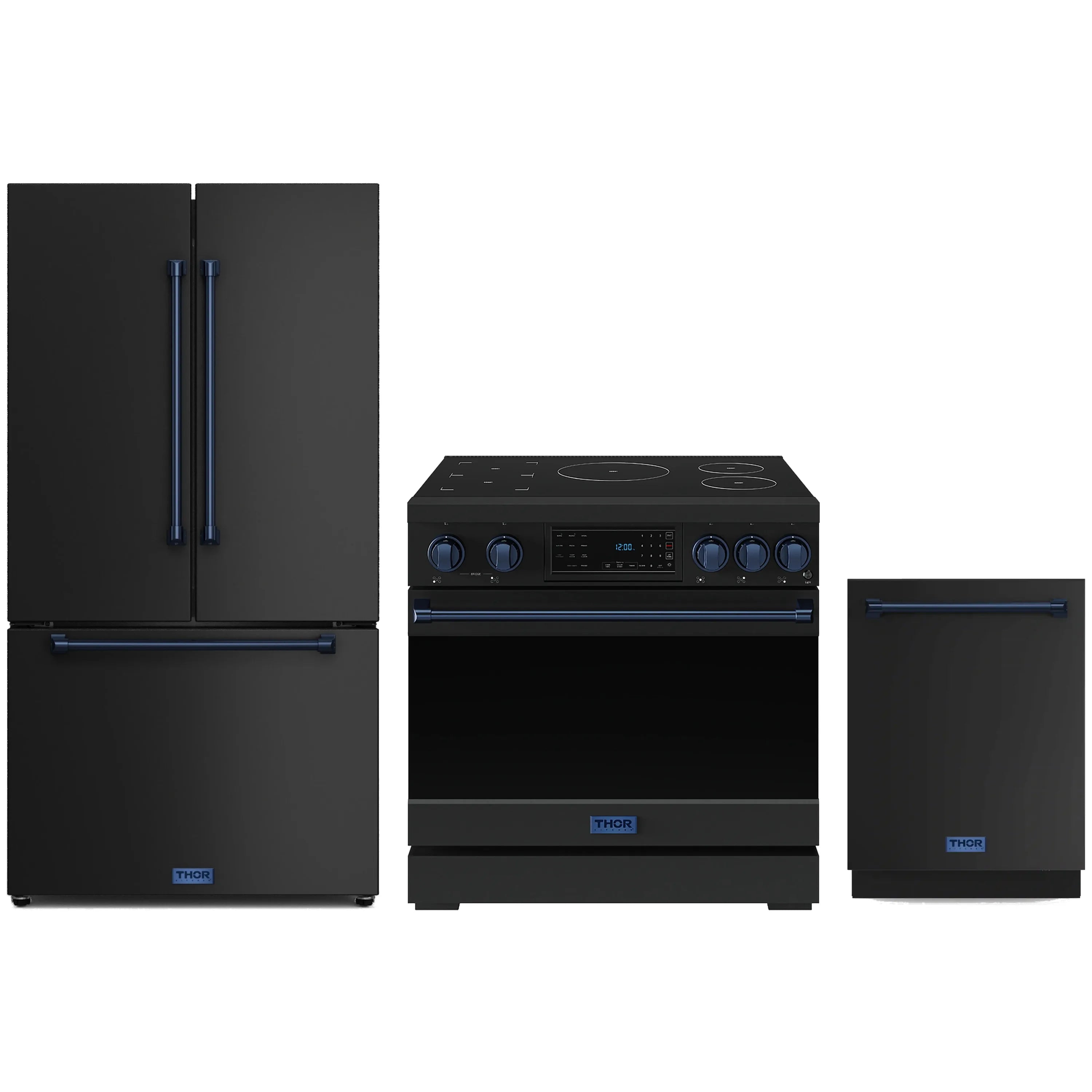 Black appliance package with blue trim: counter-depth refrigerator, induction range, and dishwasher