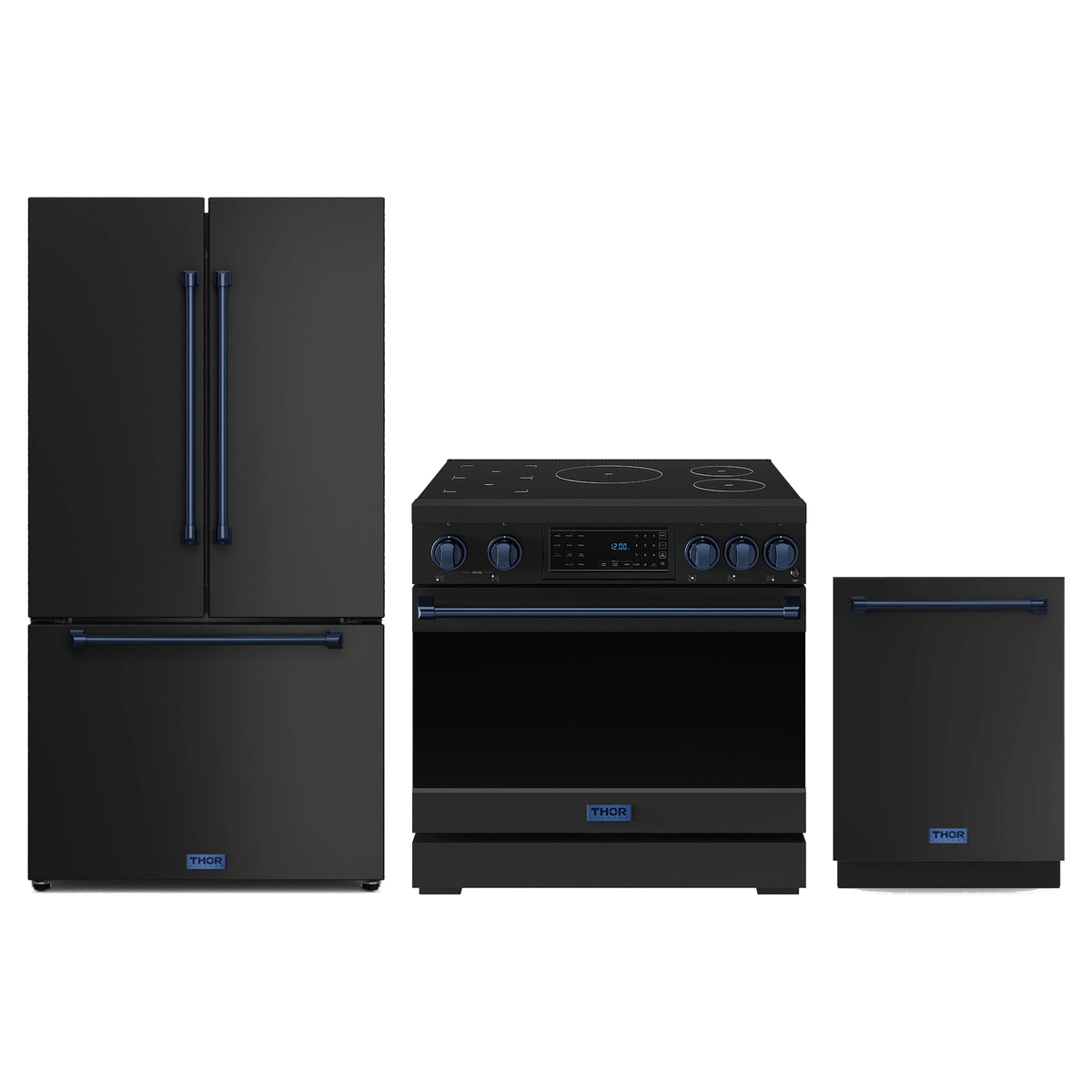 Gordon Ramsay by Thor Kitchen 3-Piece Appliance Package - 36-Inch Induction Range, Counter-Depth Refrigerator, & Dishwasher in Matte Black with Blue Trim