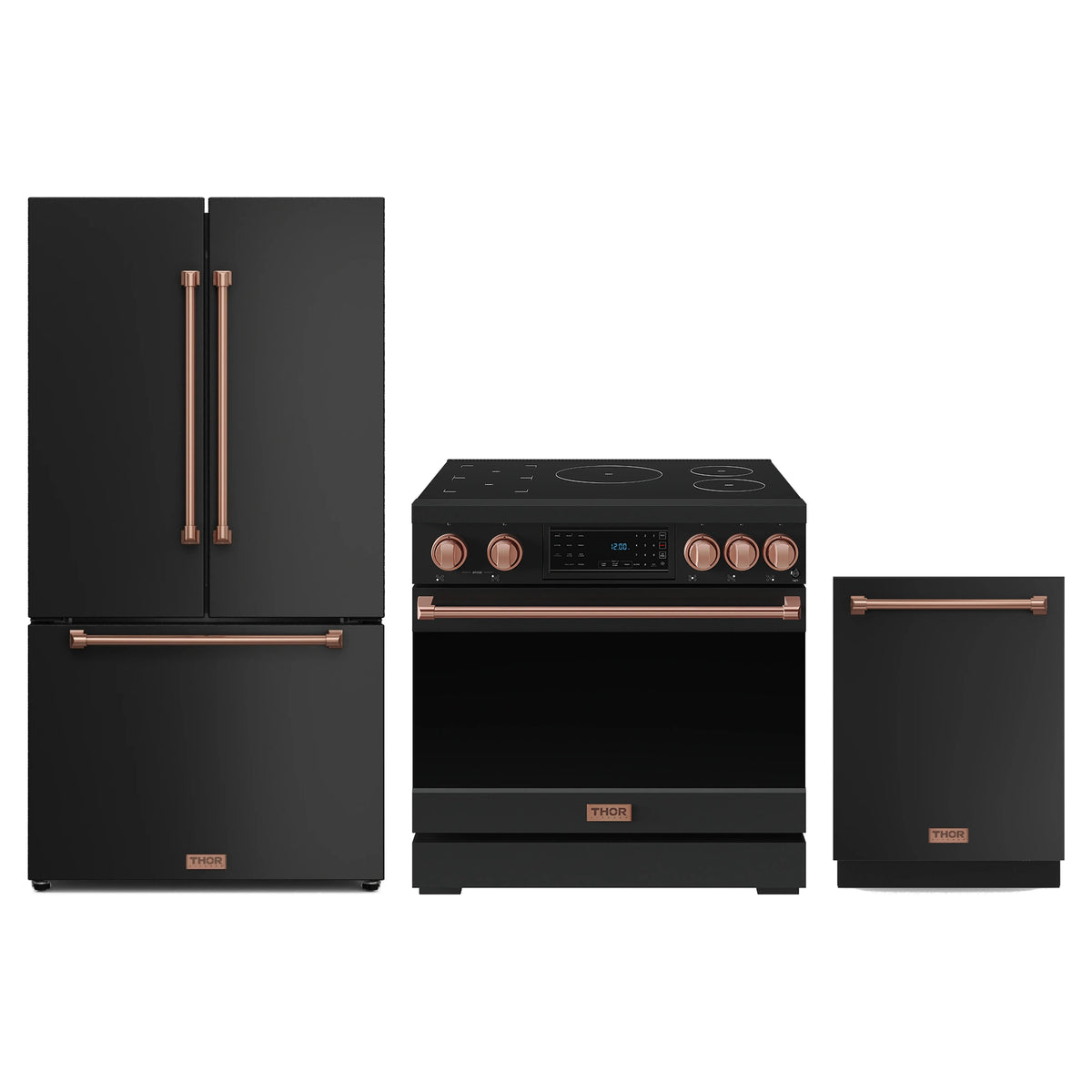 Gordon Ramsay by Thor Kitchen 3-Piece Appliance Package - 36-Inch Induction Range, Counter-Depth Refrigerator, & Dishwasher in Matte Black with Rose Gold Trim