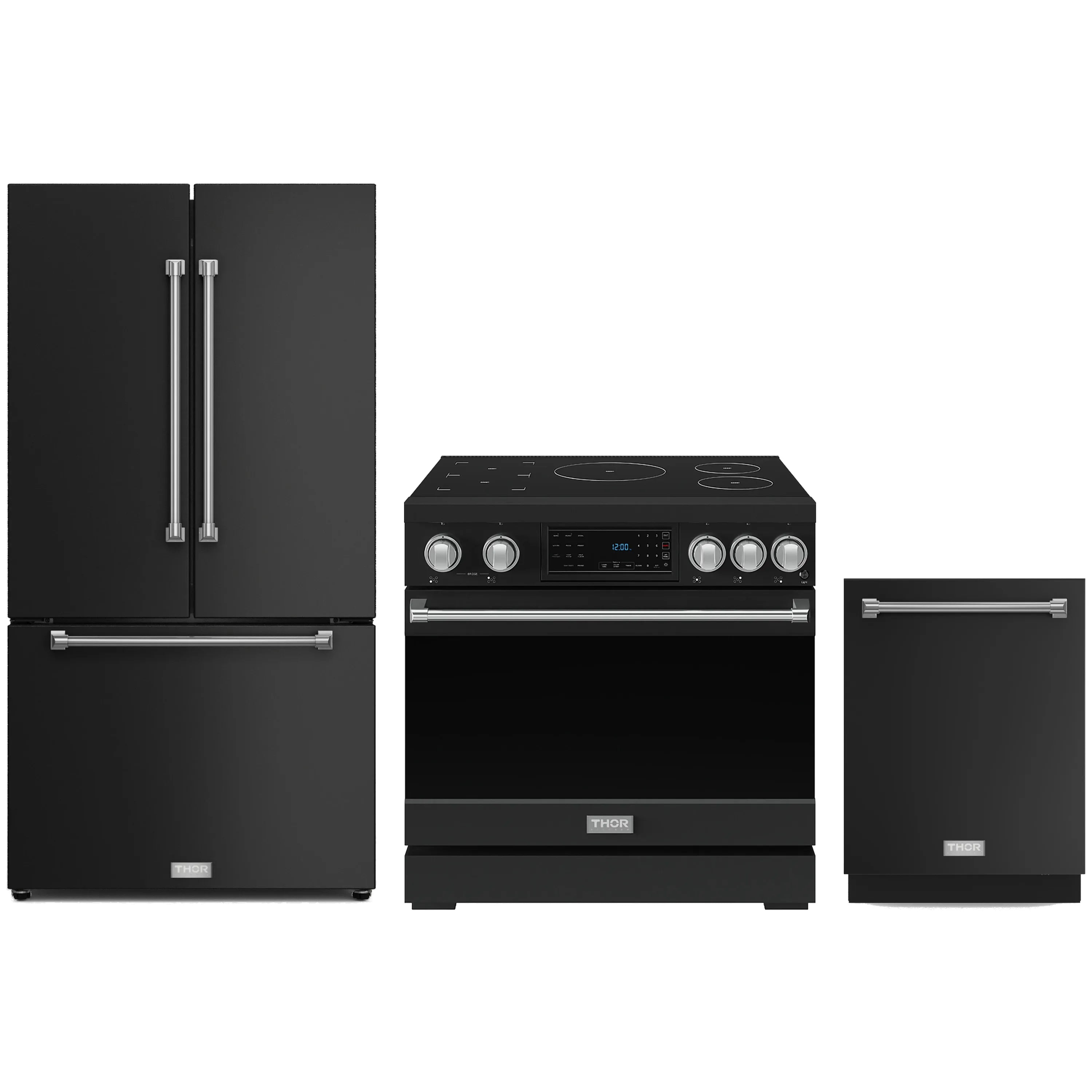 Black appliance package with stainless trim: range, refrigerator, dishwasher