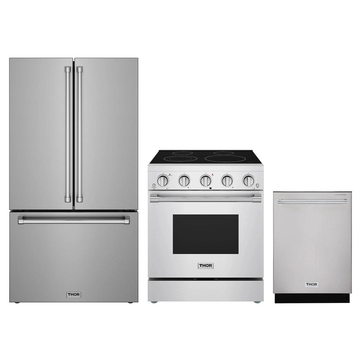 Thor Kitchen 3-Piece Appliance Package - 30-Inch Electric Range, Counter-Depth Refrigerator, & Dishwasher in Stainless Steel
