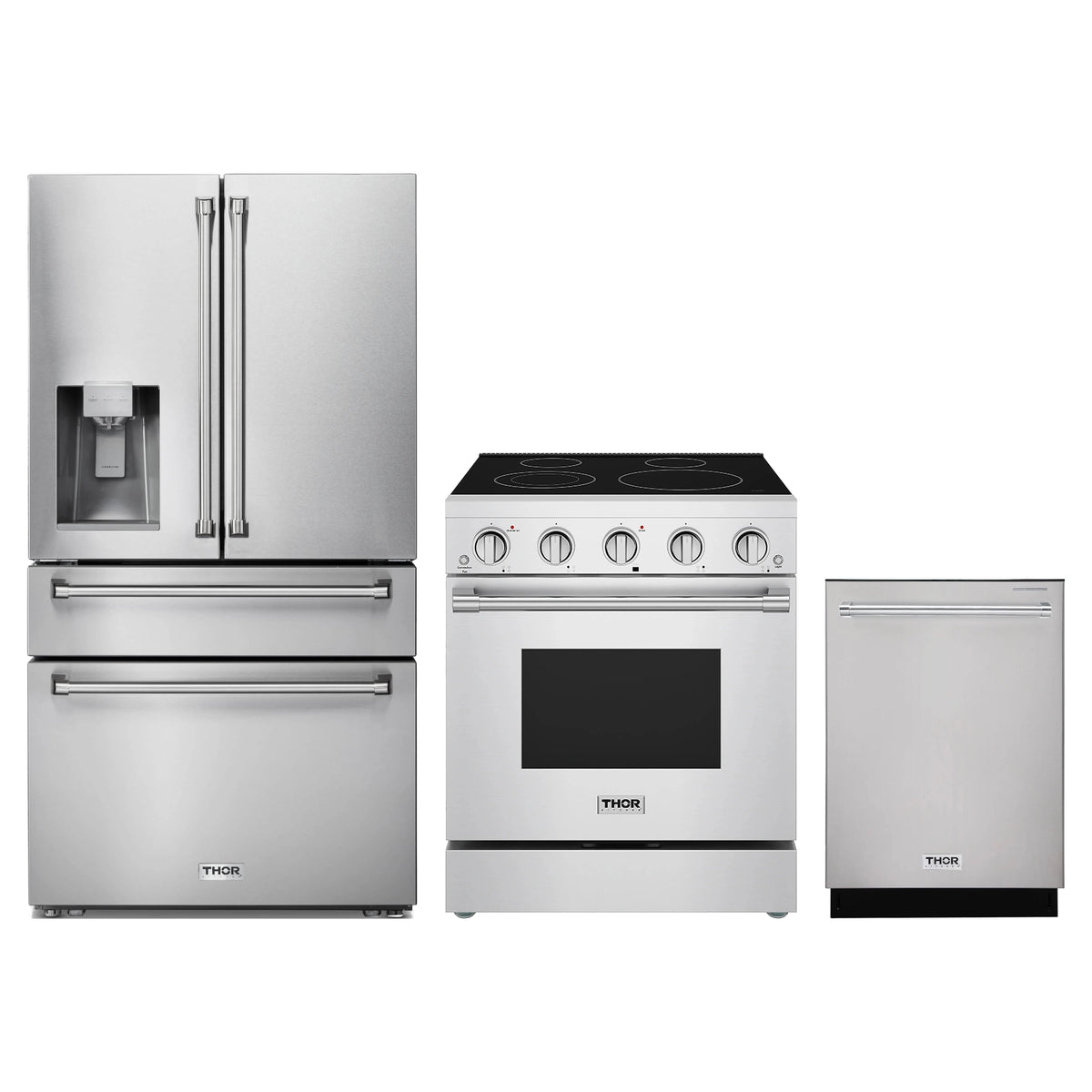 Thor Kitchen 3-Piece Appliance Package - 30-Inch Electric Range, Refrigerator with Water Dispenser, & Dishwasher in Stainless Steel