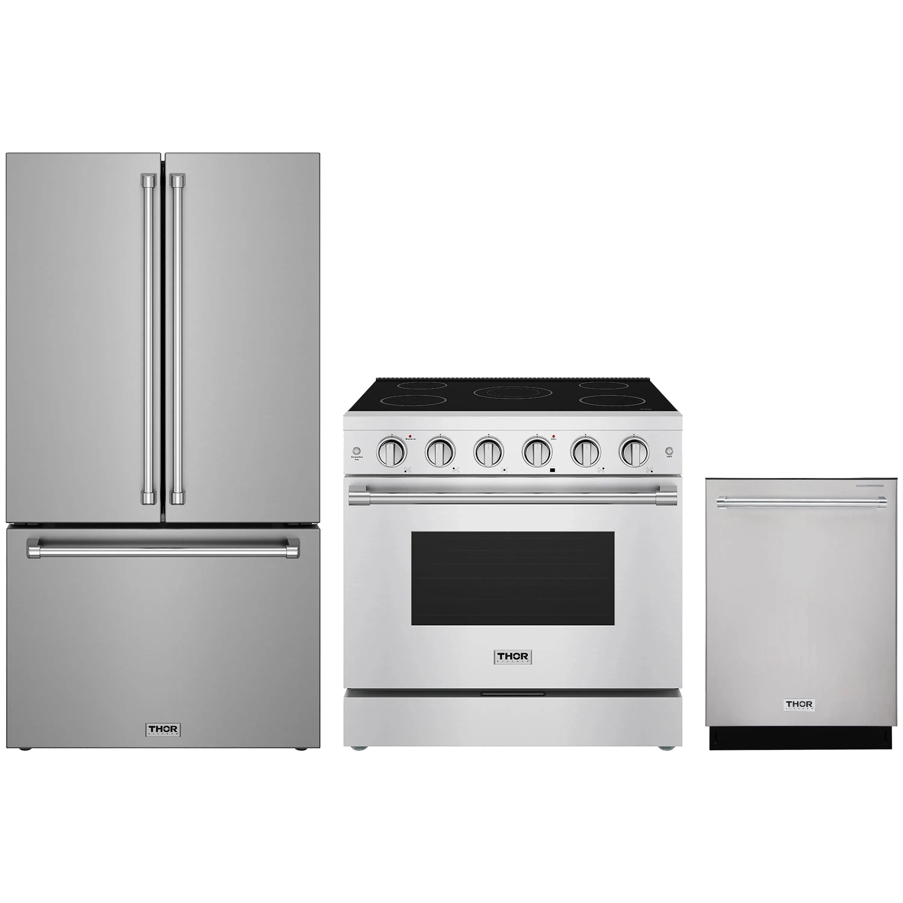 Stainless steel appliance package: electric range, counter-depth refrigerator, and dishwasher