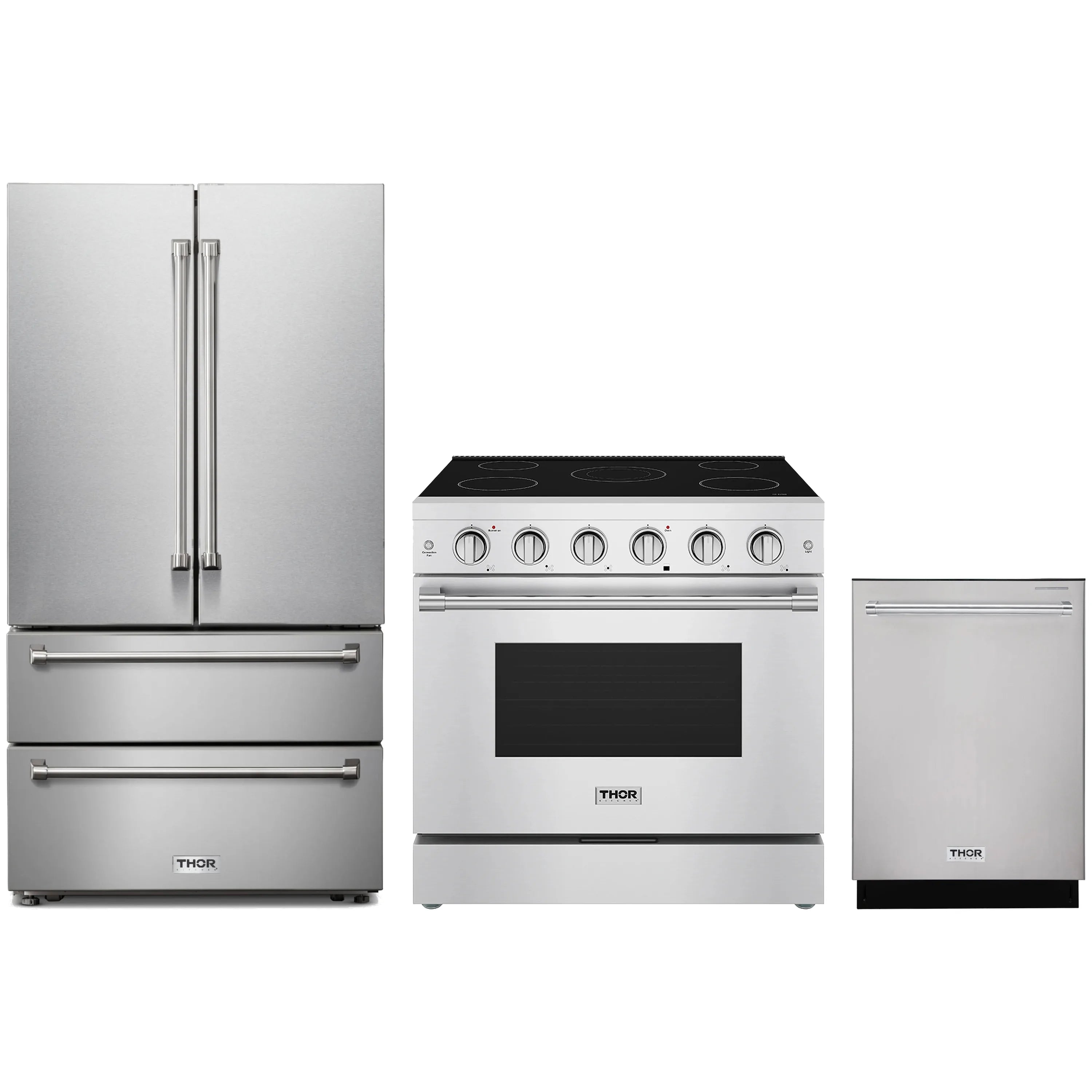Stainless steel 3-piece appliance package with electric range, French-door fridge, dishwasher