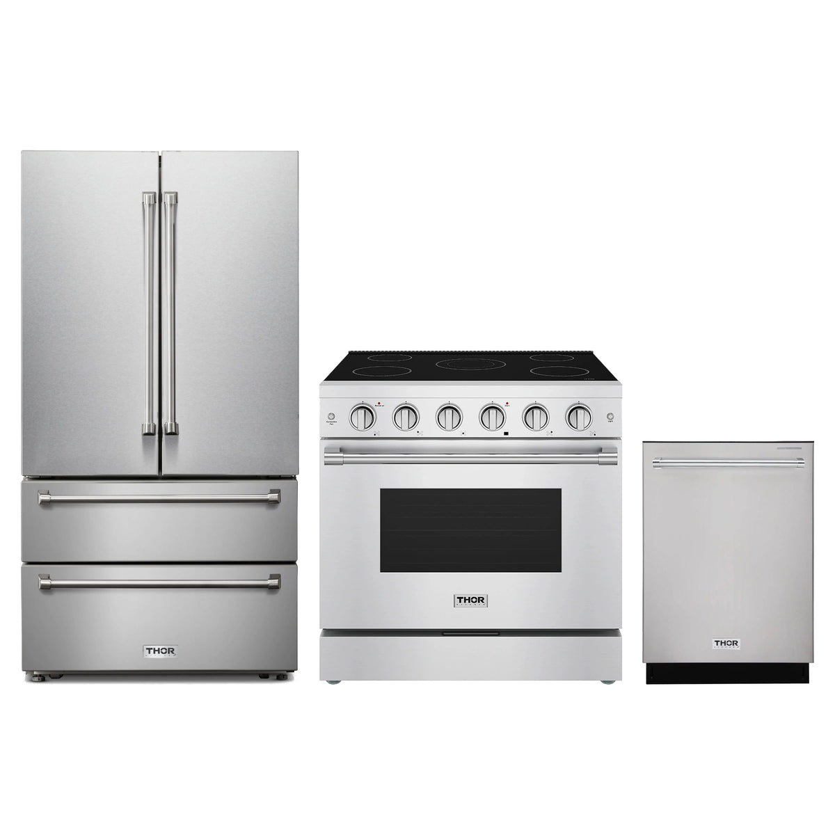 Thor Kitchen 3-Piece Appliance Package - 36-Inch Electric Range, French Door Refrigerator, & Dishwasher in Stainless Steel