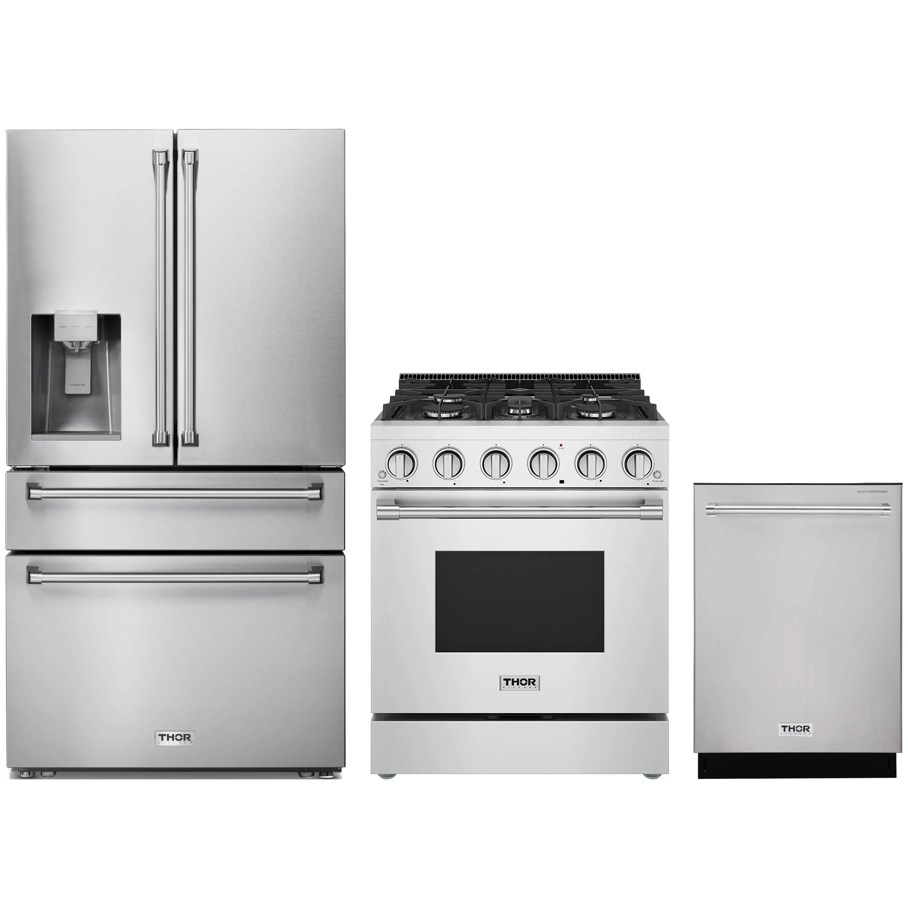 Stainless steel 3-piece appliance package: refrigerator, gas range, and dishwasher.