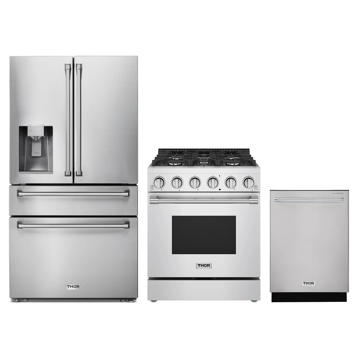Thor Kitchen 3-Piece Appliance Package - 30-Inch Propane Gas Range, Refrigerator with Water Dispenser, & Dishwasher in Stainless Steel