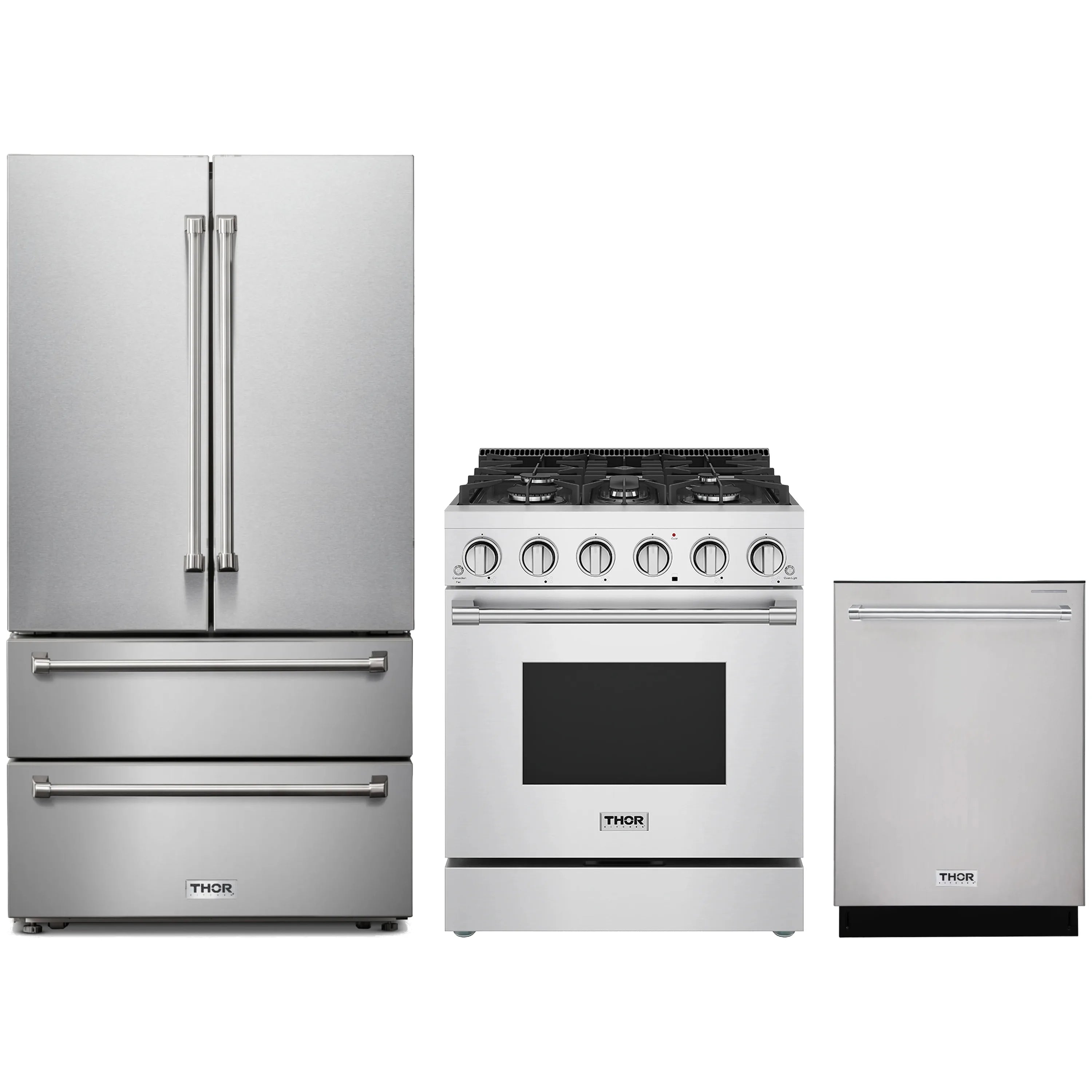 Stainless steel appliance package: French door refrigerator, gas range, and dishwasher