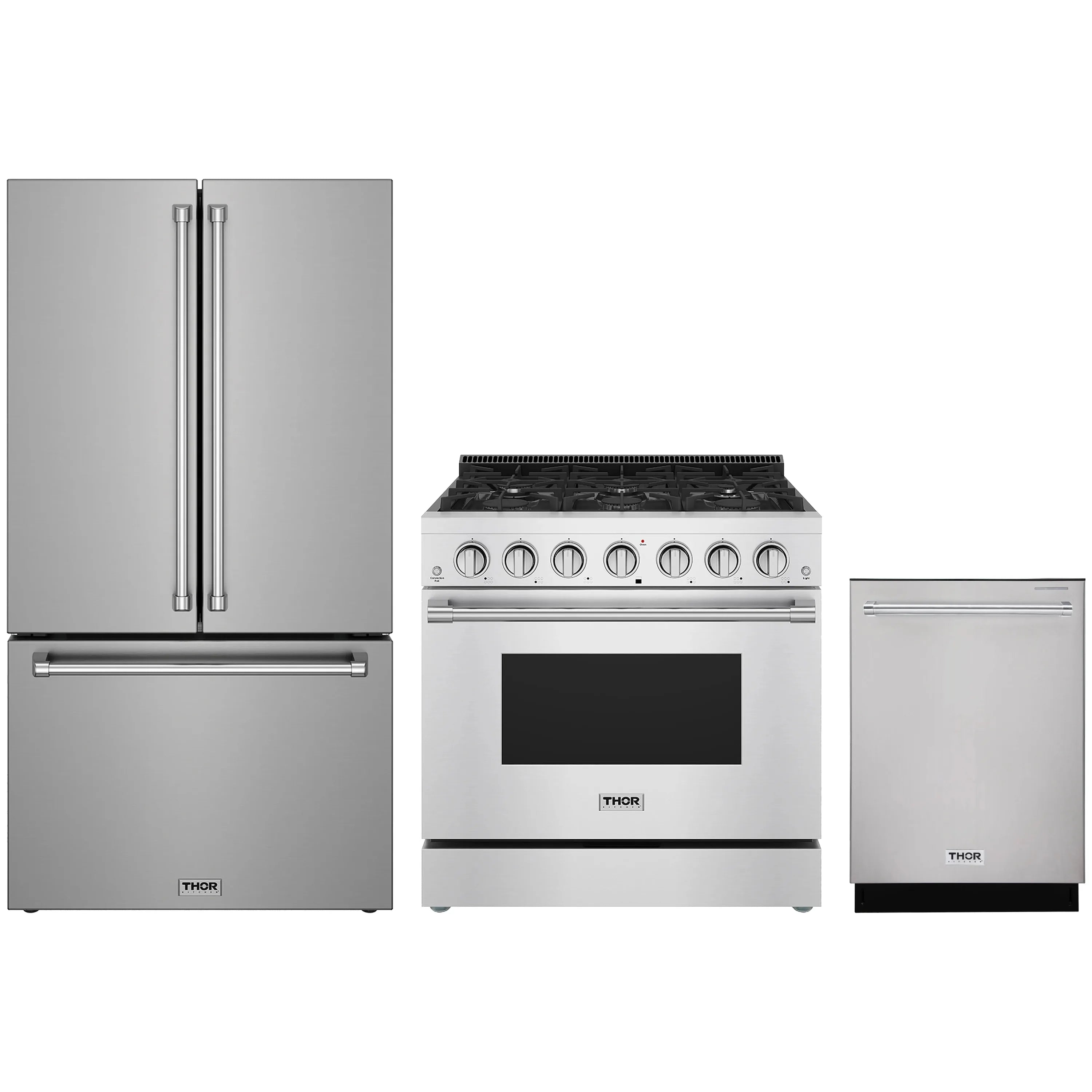Stainless steel kitchen appliance package: counter-depth refrigerator, gas range, and dishwasher