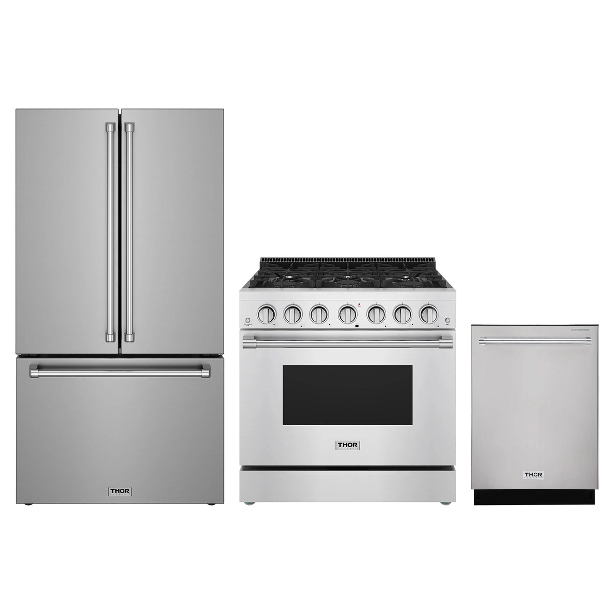 Thor Kitchen 3-Piece Appliance Package - 36-Inch Natural Gas Range, Counter-Depth Refrigerator, & Dishwasher in Stainless Steel