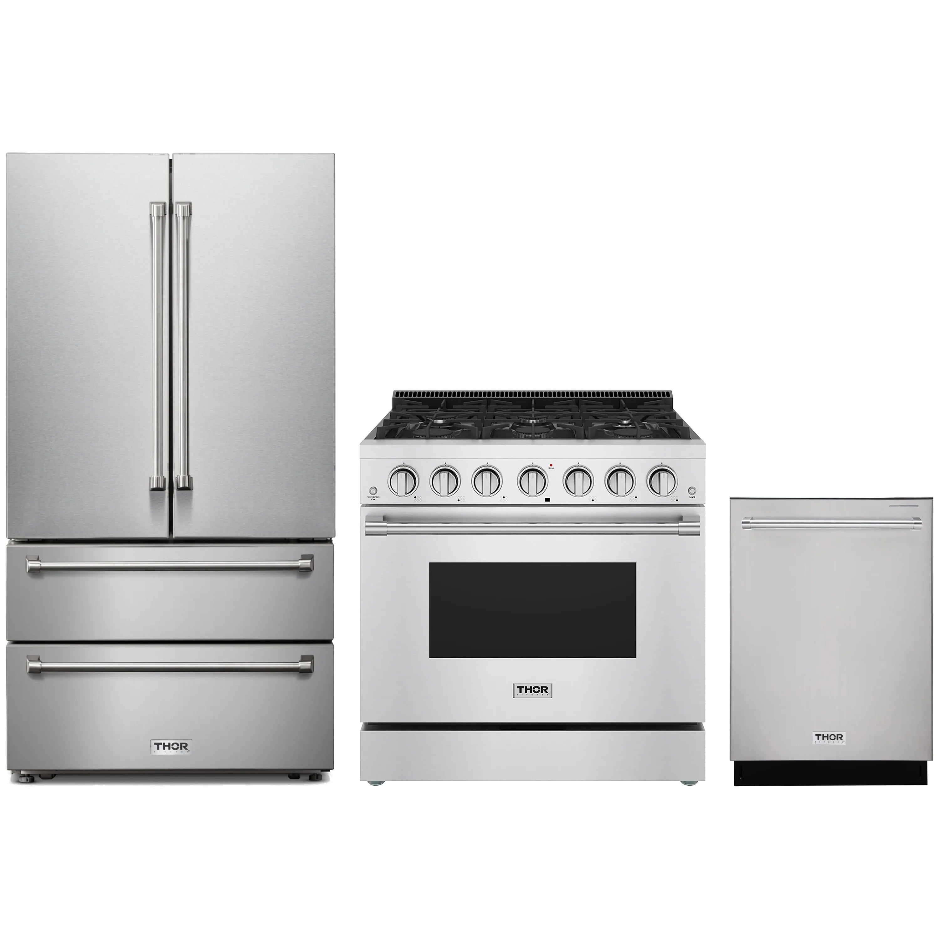 Thor stainless steel appliance package: French door refrigerator, gas range, dishwasher