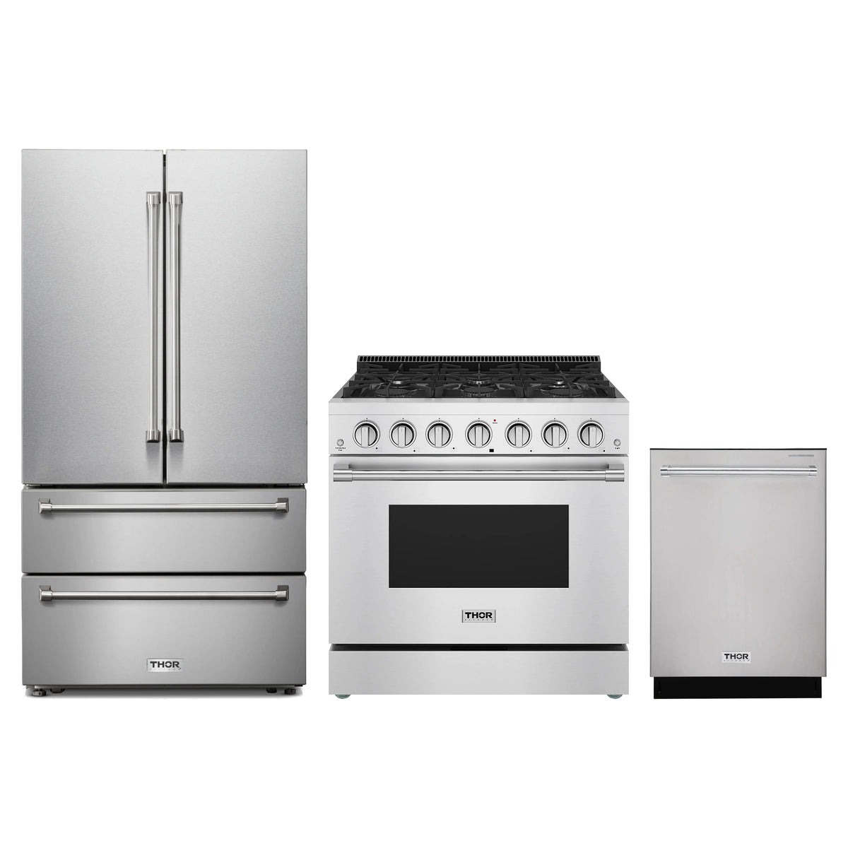 Thor Kitchen 3-Piece Appliance Package - 36-Inch Propane Gas Range, French Door Refrigerator, & Dishwasher in Stainless Steel
