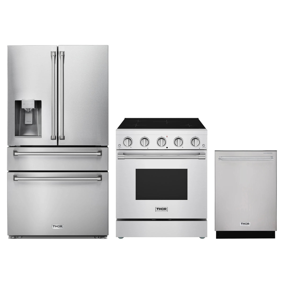 Thor Kitchen 3-Piece Appliance Package - 30-Inch Induction Range, Refrigerator with Water Dispenser, & Dishwasher in Stainless Steel