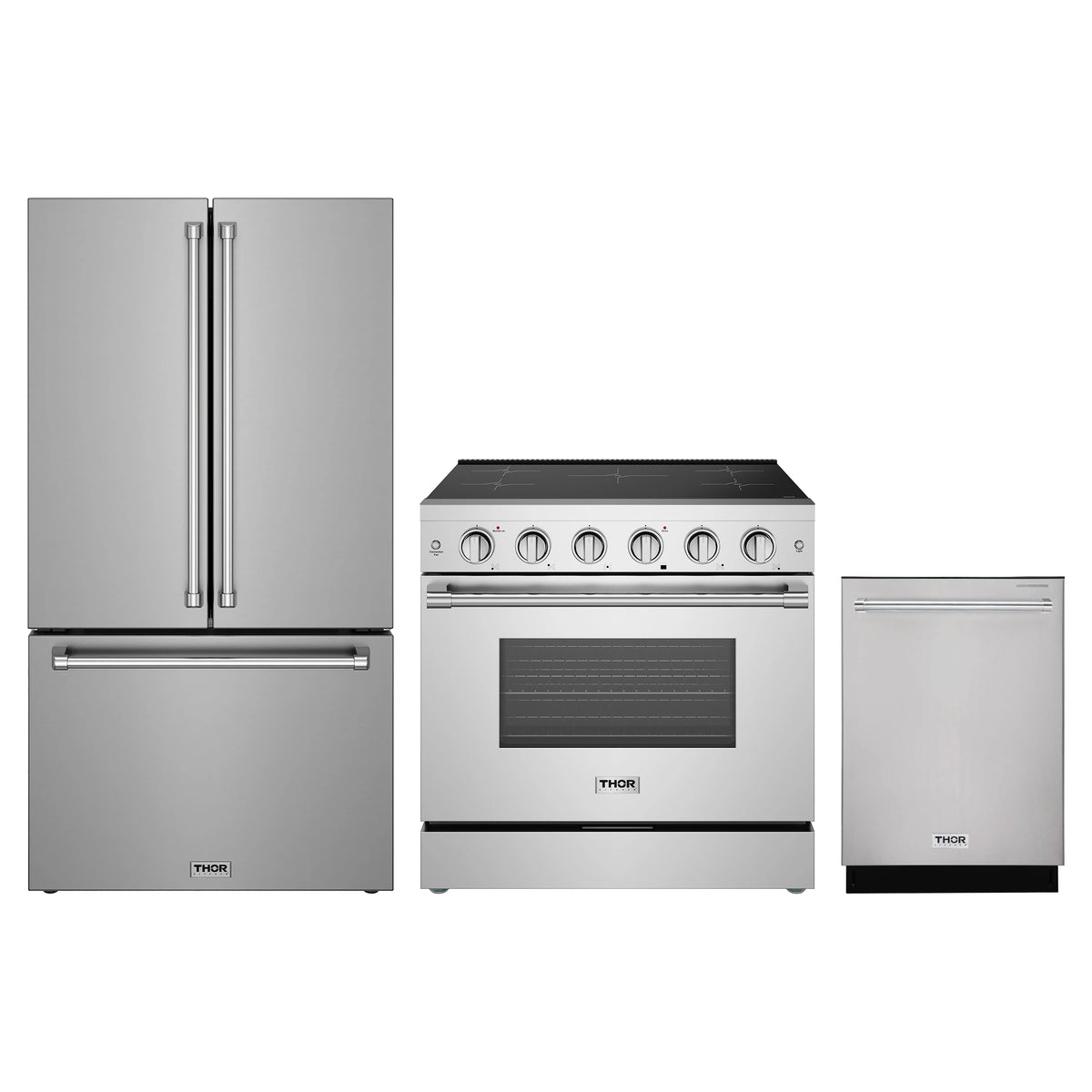 Thor Kitchen 3-Piece Appliance Package - 36-Inch Induction Range, Counter-Depth Refrigerator, & Dishwasher in Stainless Steel