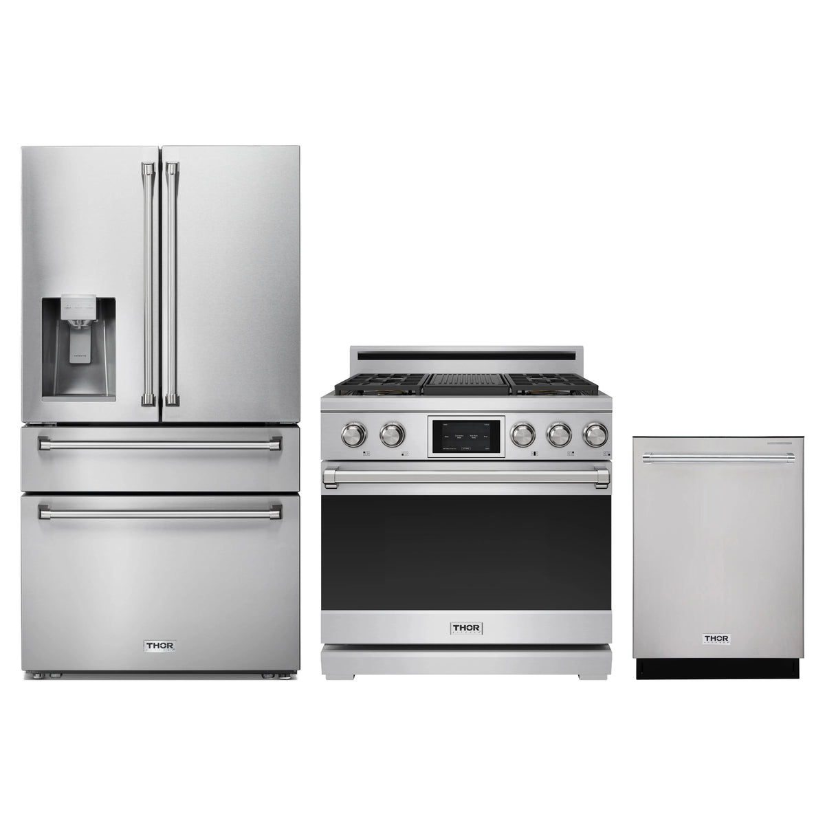 Thor Kitchen 3-Piece Appliance Package - 36-Inch Dual Fuel Range, Refrigerator with Water Dispenser, & Dishwasher in Stainless Steel