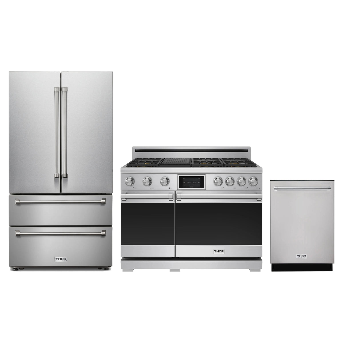 Thor Kitchen 3-Piece Appliance Package - 48-Inch Propane Dual Fuel Range, French Door Refrigerator, & Dishwasher in Stainless Steel