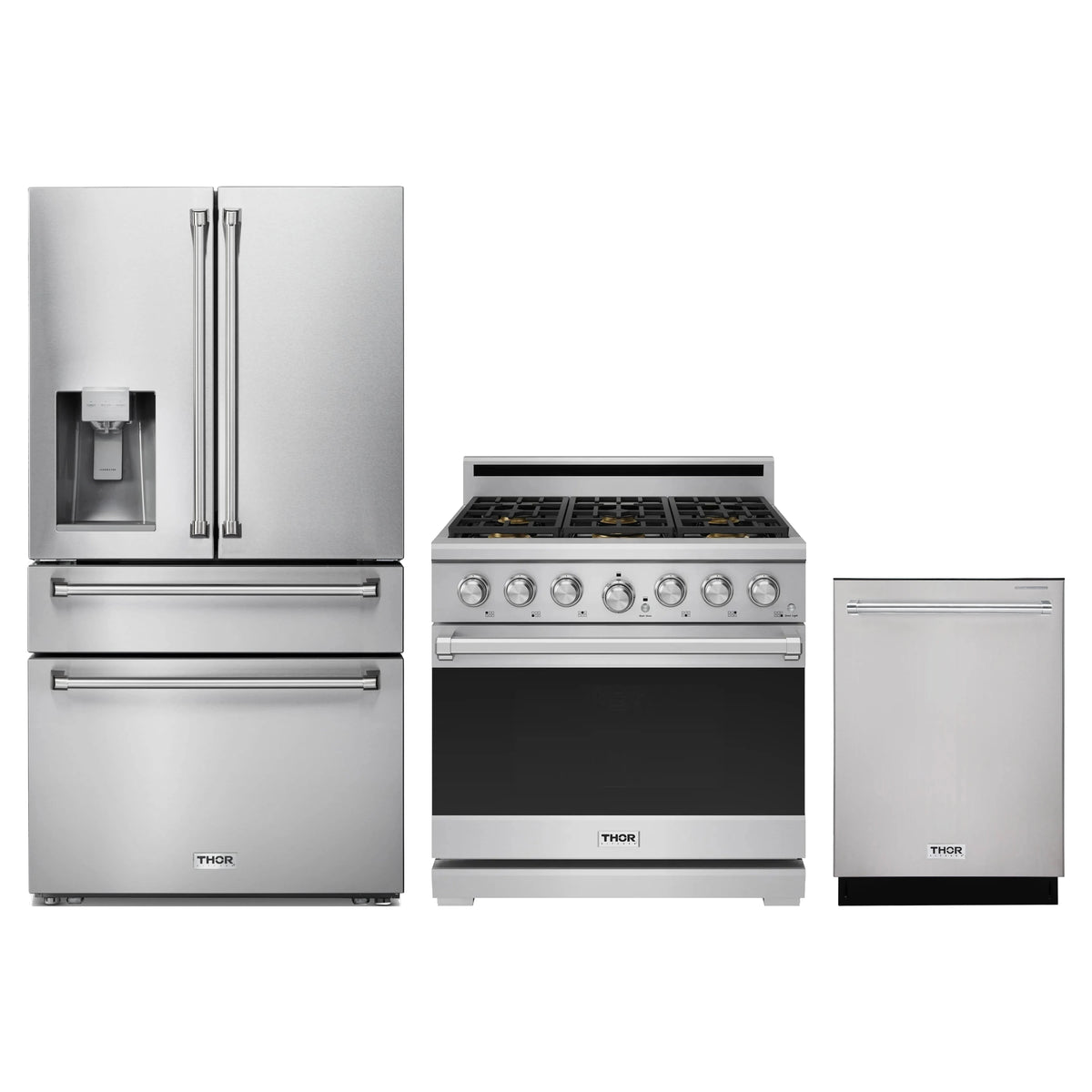 Thor Kitchen 3-Piece Appliance Package - 36-Inch Natural Gas Range, Refrigerator with Water Dispenser, & Dishwasher in Stainless Steel