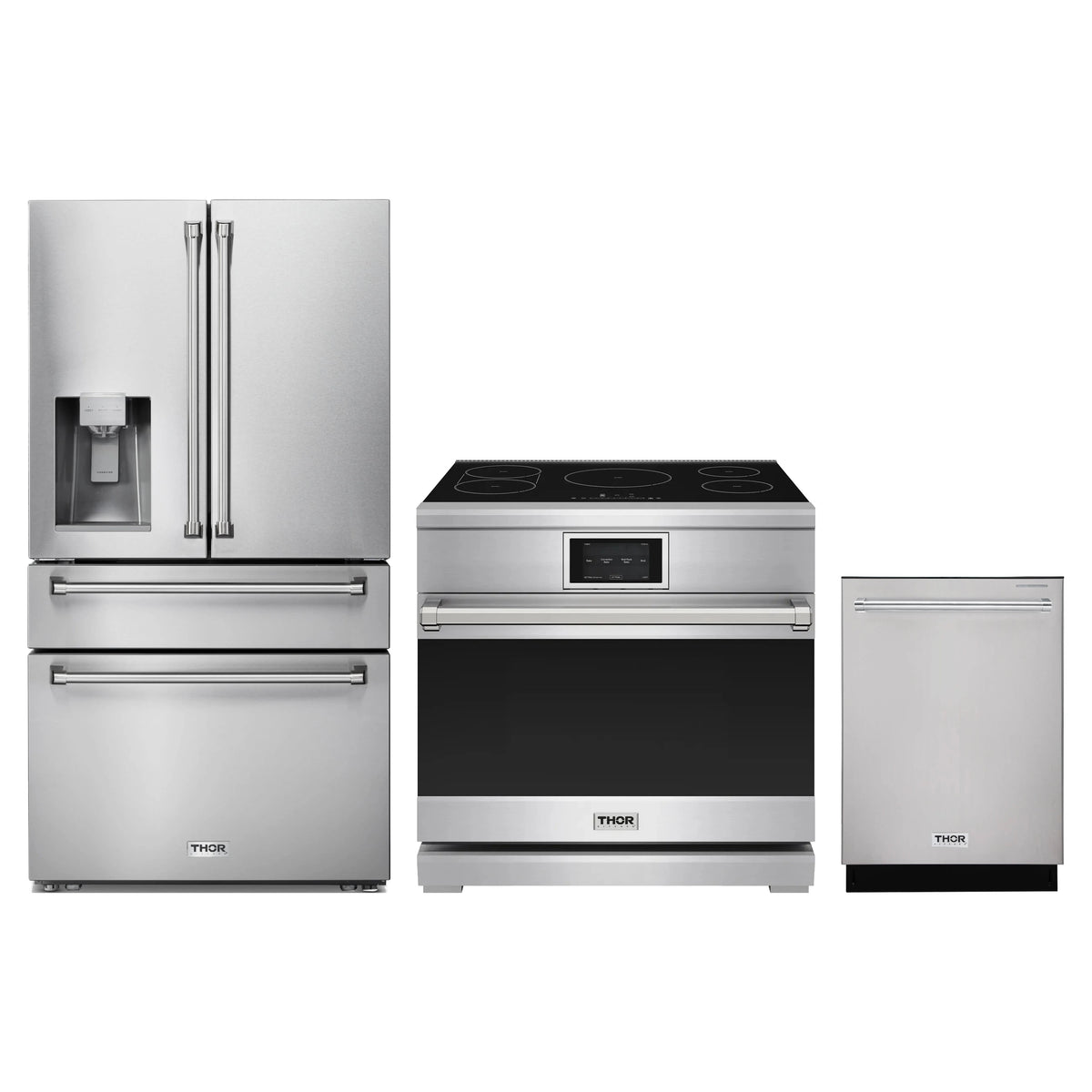 Thor Kitchen 3-Piece Appliance Package - 36-Inch Induction Range, Refrigerator with Water Dispenser, & Dishwasher in Stainless Steel
