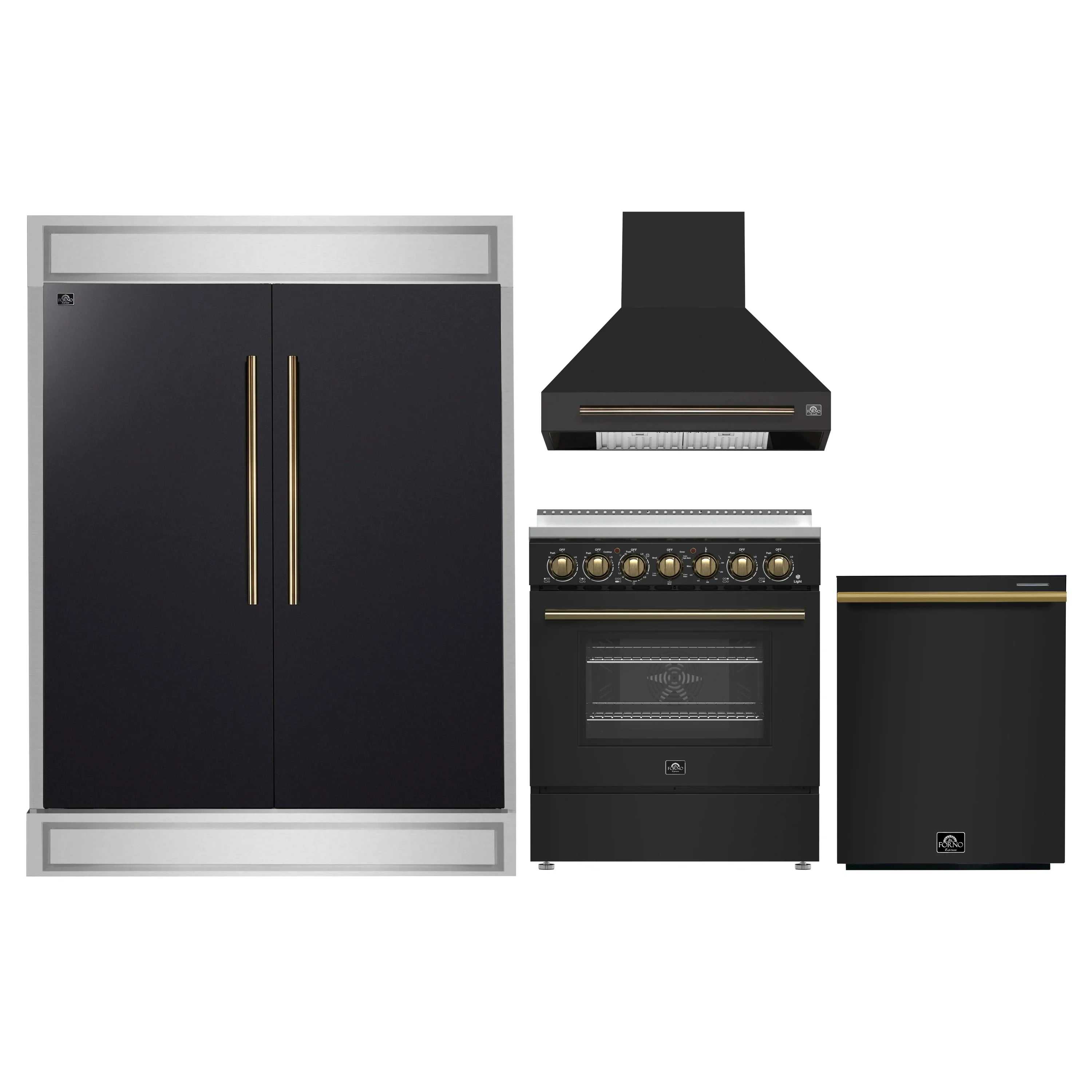 Black 4-piece appliance package: refrigerator, electric range, range hood, and dishwasher
