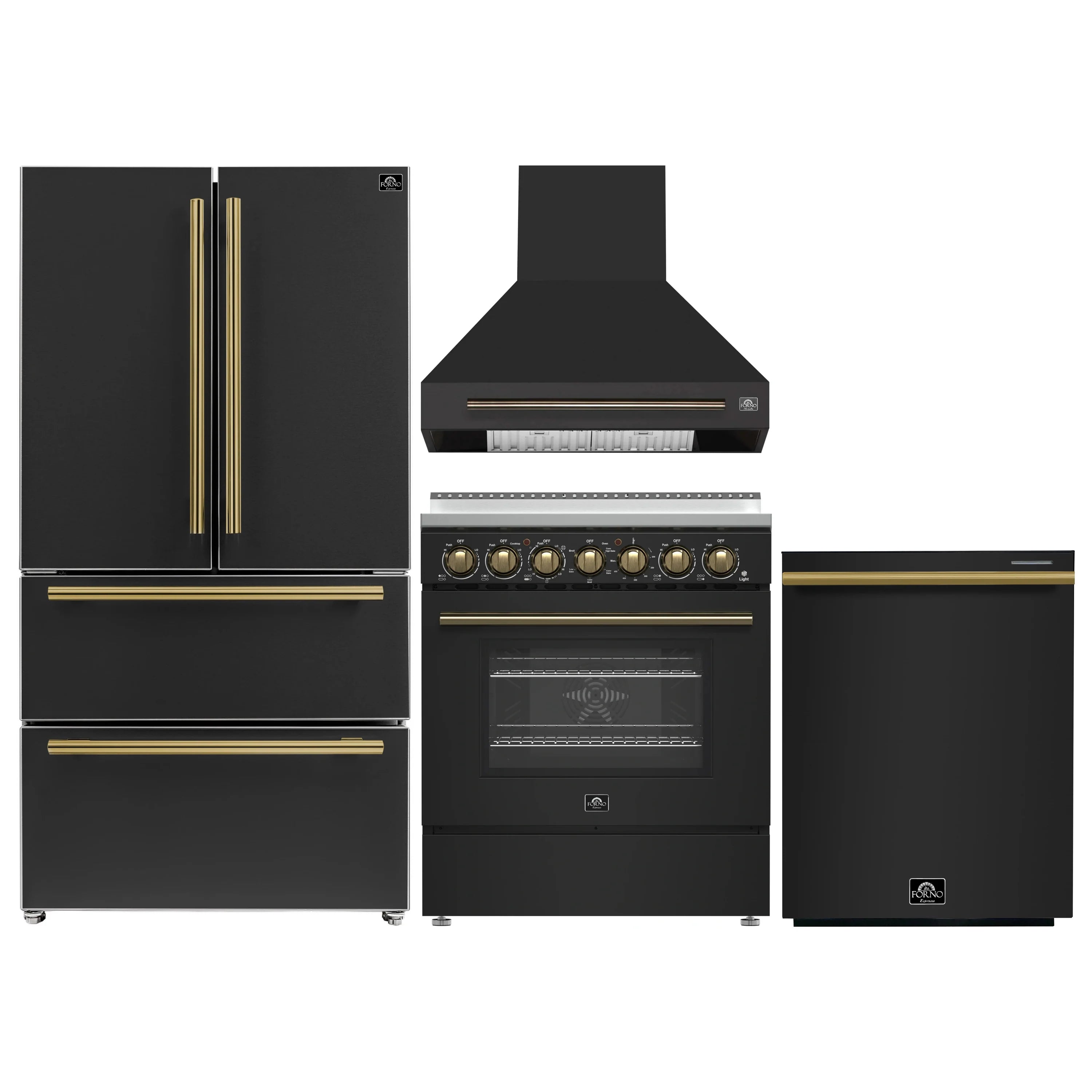 Black kitchen appliance set with brass-trim refrigerator, range, hood, and dishwasher