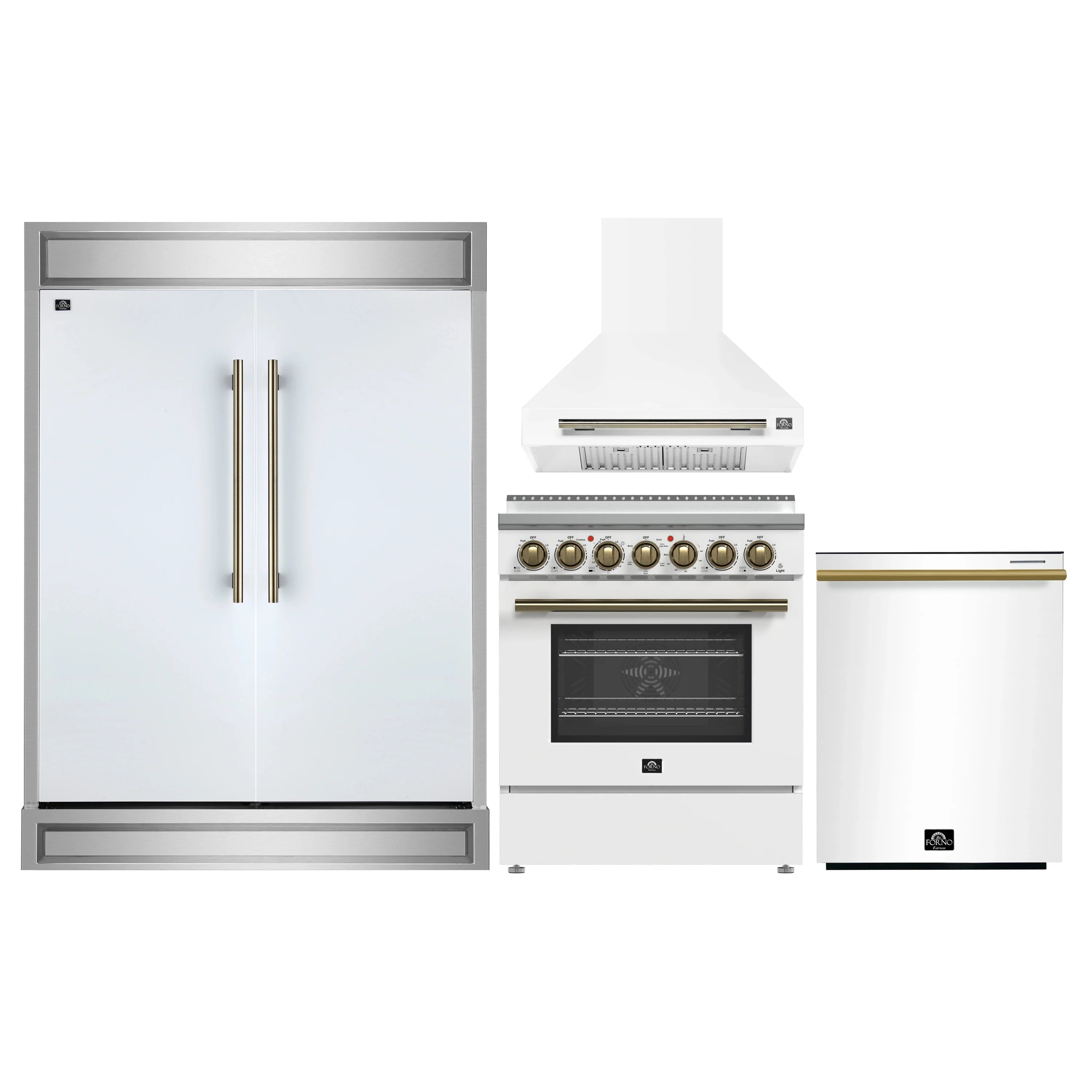 White appliance package featuring refrigerator, electric range, and range hood