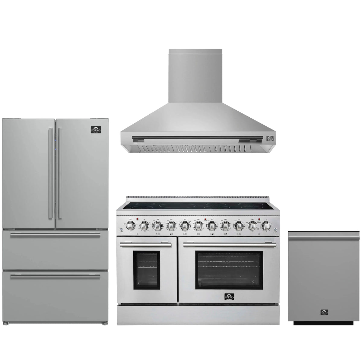 Forno 4-Piece Appliance Package - 48-Inch Electric Range, Wall Mount Range Hood, 36-Inch Refrigerator, and Dishwasher in Stainless Steel
