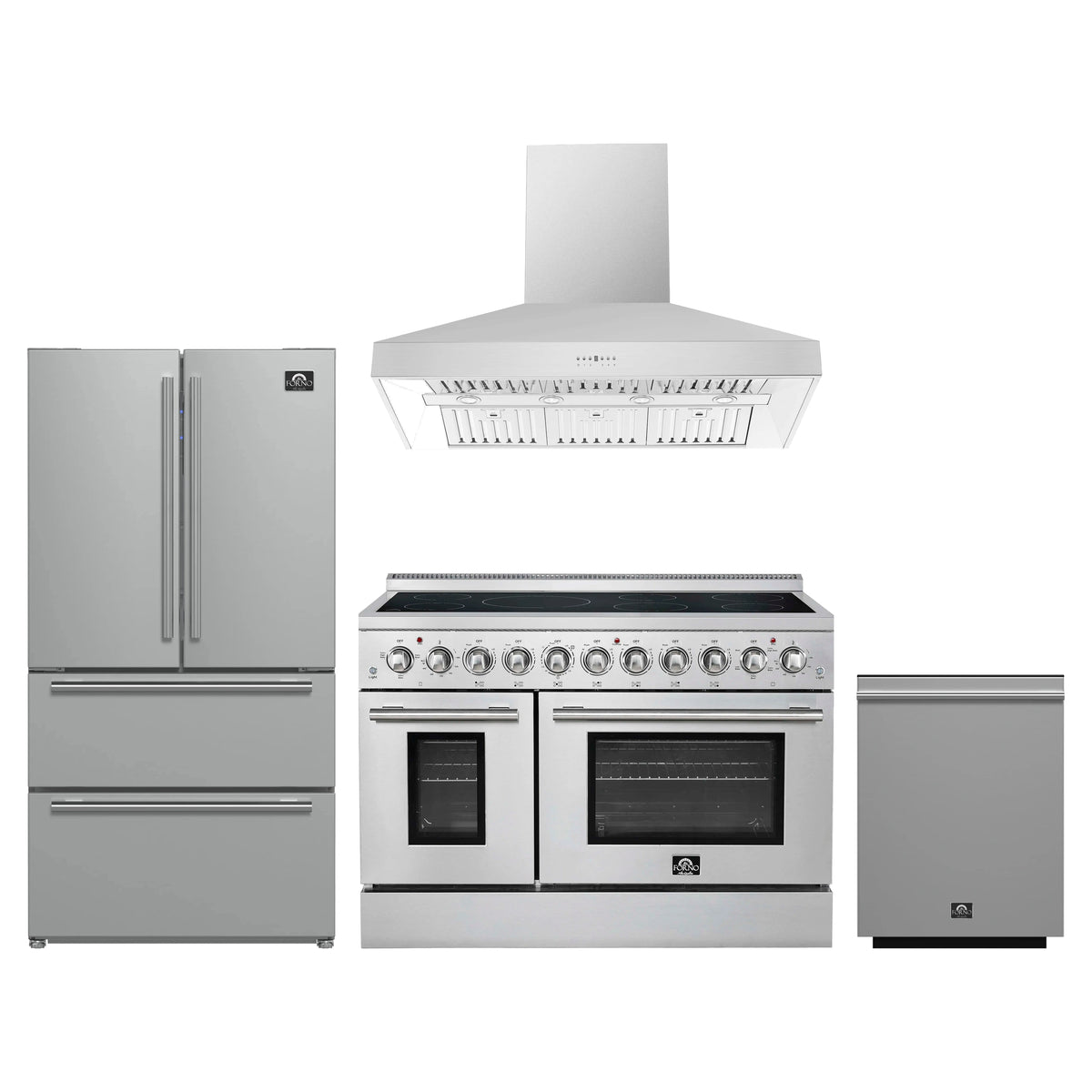 Forno 4-Piece Appliance Package - 48-Inch Electric Range, Wall Mount Range Hood, 36-Inch Refrigerator, and Dishwasher in Stainless Steel