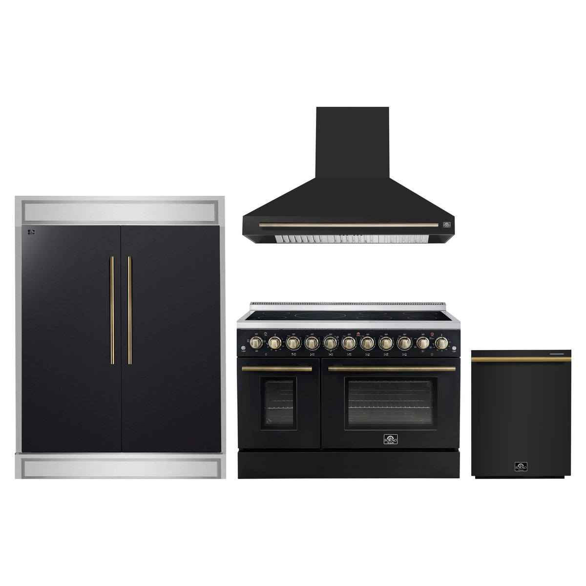 Forno 4-Piece Appliance Package - 48-Inch Electric Range, Wall Mount Range Hood, 60-Inch Refrigerator, and Dishwasher in Black with Antique Brass Trim