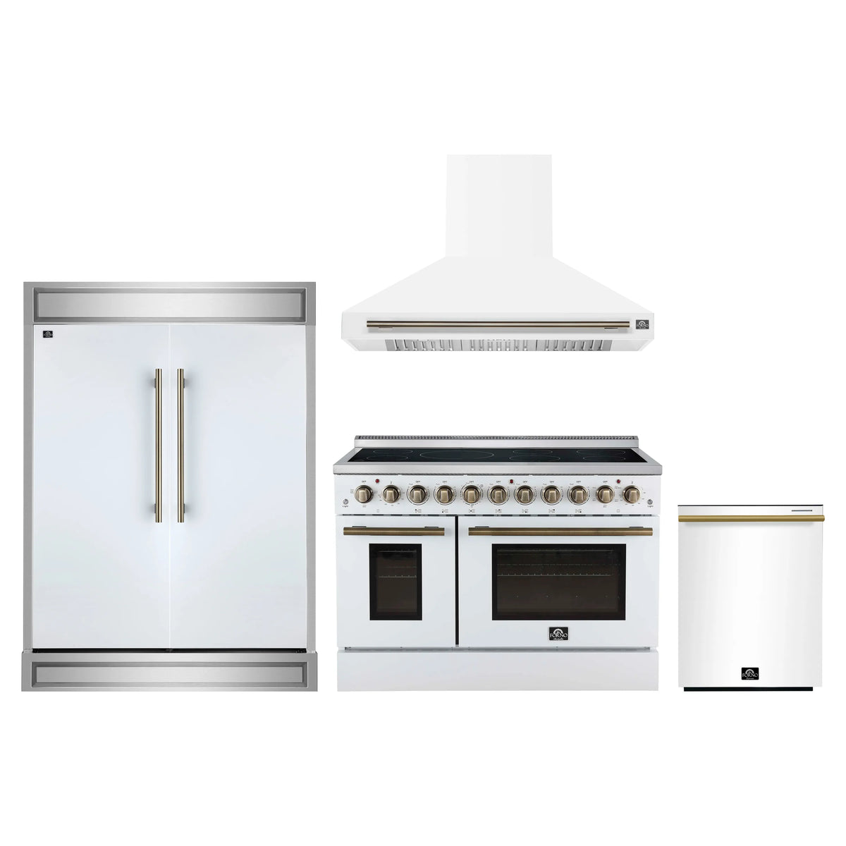 Forno 4-Piece Appliance Package - 48-Inch Electric Range, Wall Mount Range Hood, 60-Inch Refrigerator, and Dishwasher in White with Antique Brass Trim