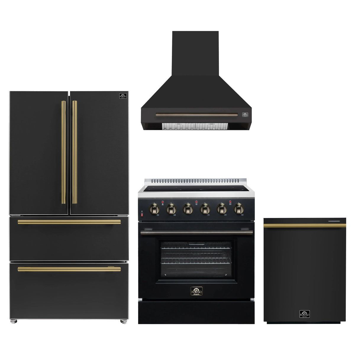 Forno 4-Piece Appliance Package - 30-Inch Electric Range, Wall Mount Range Hood, 36-Inch Refrigerator, and Dishwasher in Black with Antique Brass Trim