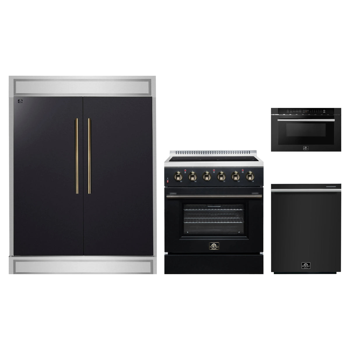 Forno 4-Piece Appliance Package - 30-Inch Electric Range, 60-Inch Refrigerator, 24-Inch Microwave Drawer, & Dishwasher in Black with Antique Brass Trim