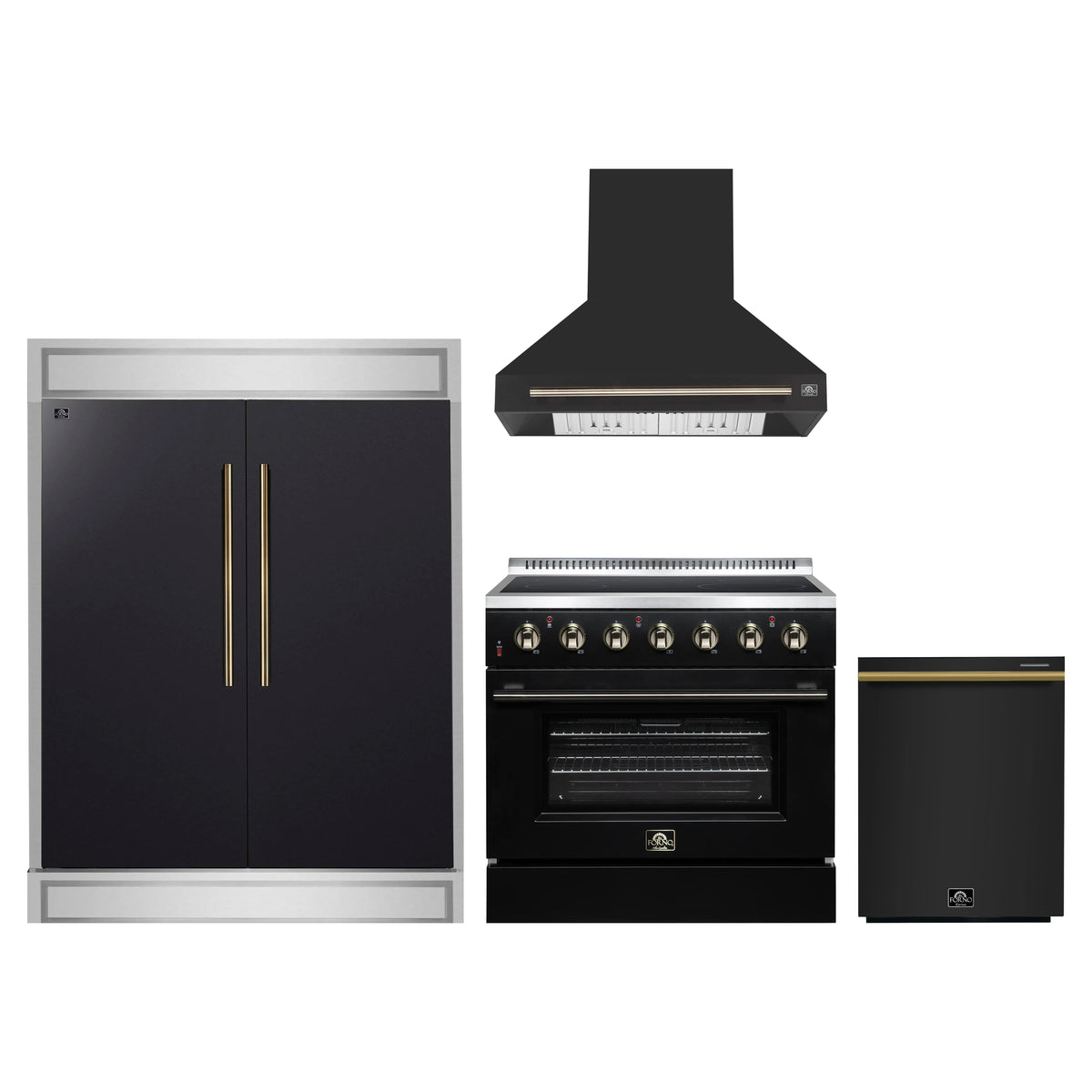 Forno 4-Piece Appliance Package - 36-Inch Electric Range, Wall Mount Range Hood, 60-Inch Refrigerator, and Dishwasher in Black with Antique Brass Trim