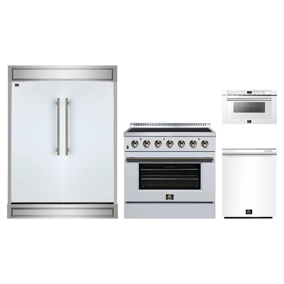 Forno 4-Piece Appliance Package - 36-Inch Electric Range, 60-Inch Refrigerator, 24-Inch Microwave Drawer, & Dishwasher in White with Antique Brass Trim