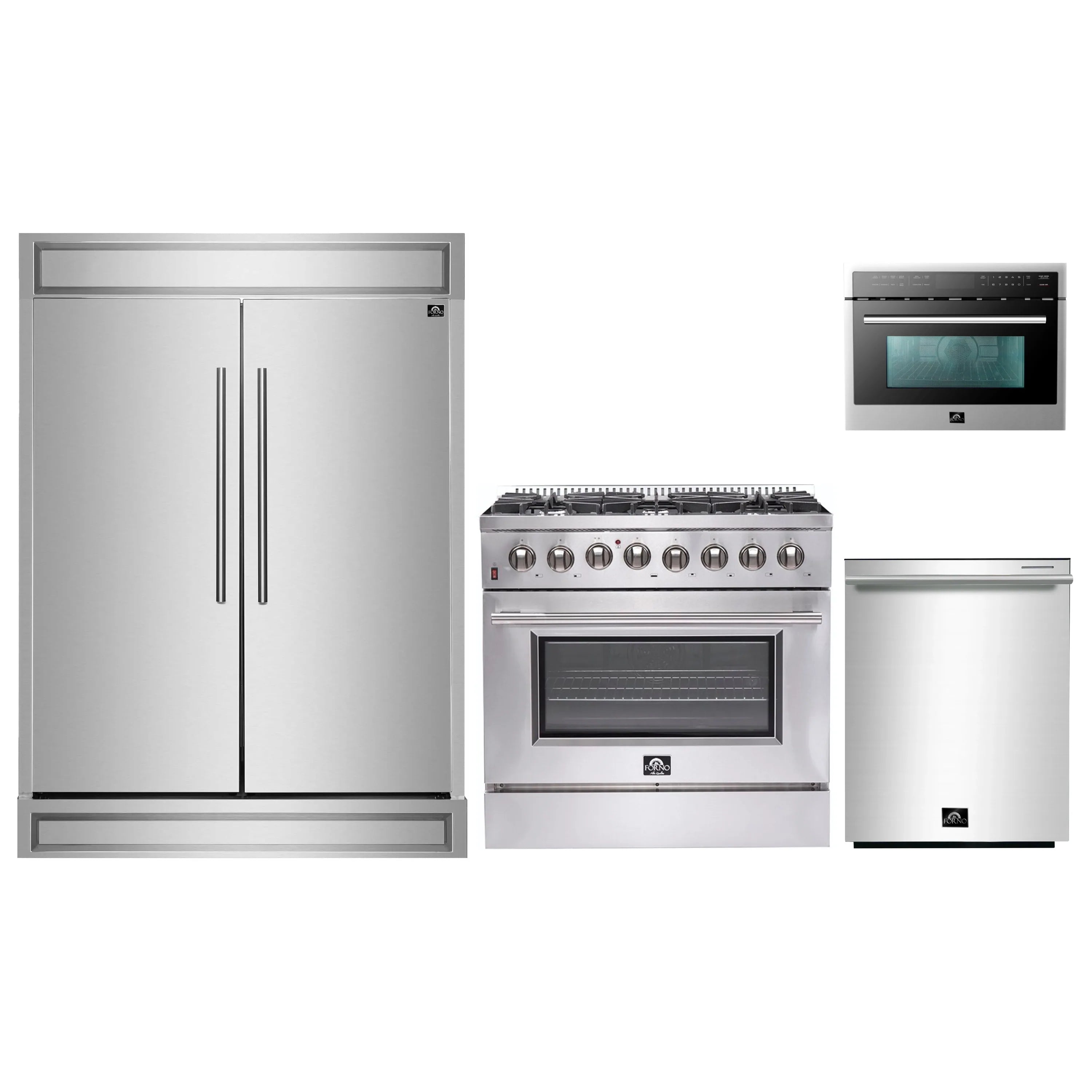 Stainless steel kitchen appliance set with refrigerator, range, microwave, and dishwasher