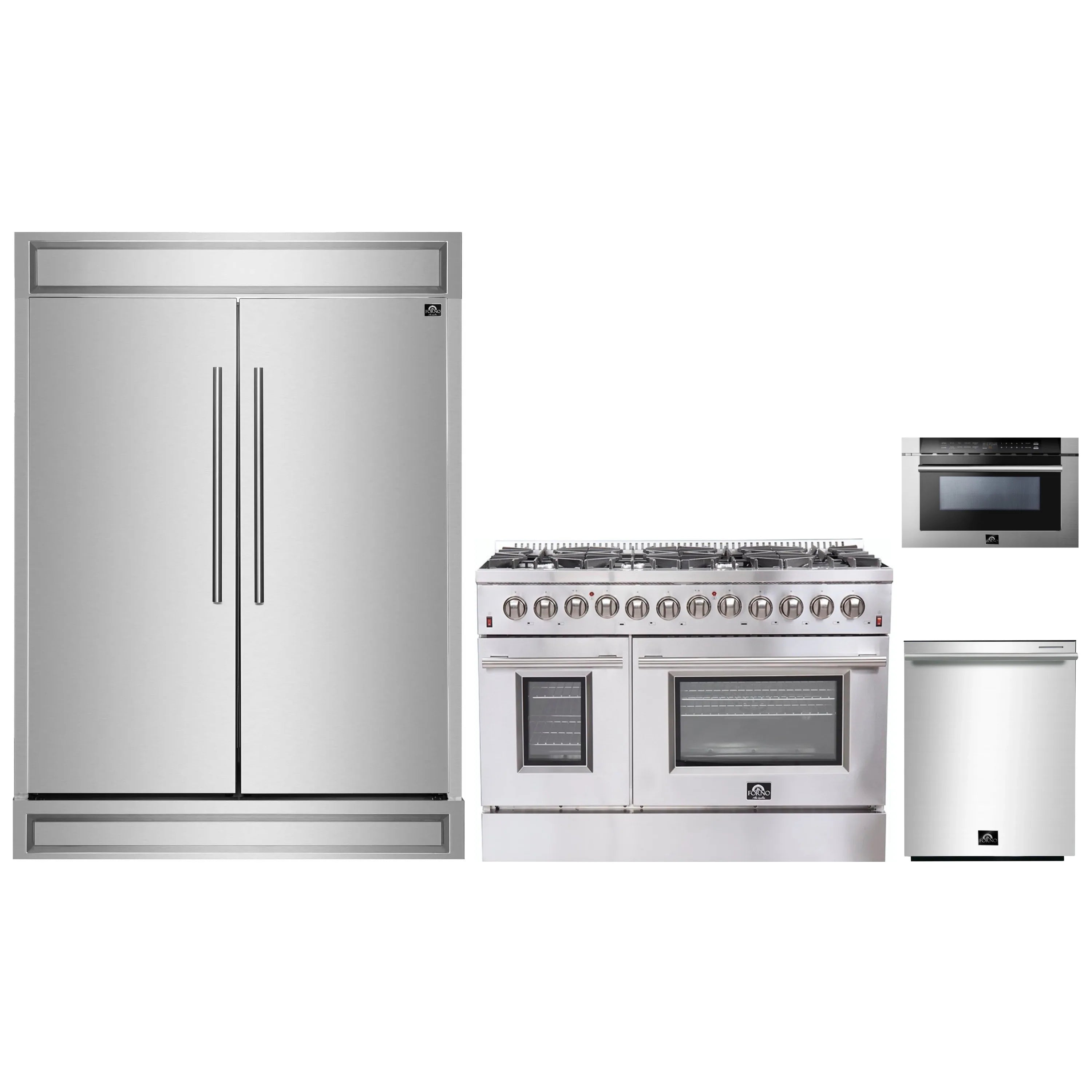 Stainless steel 4-piece appliance package: refrigerator, dual-fuel range, microwave drawer, dishwasher