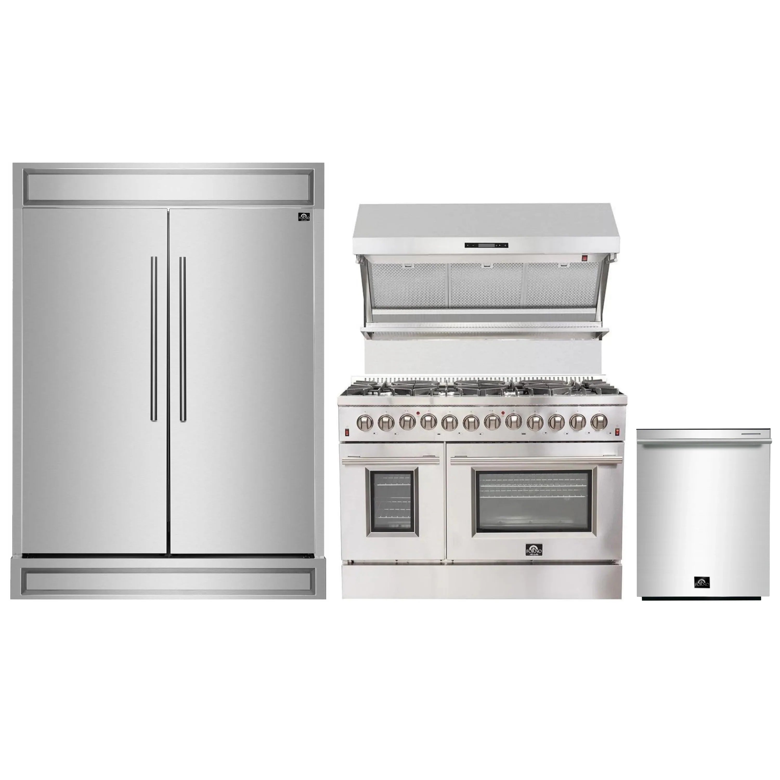 Stainless kitchen appliance set: refrigerator, dual fuel range, hood, dishwasher